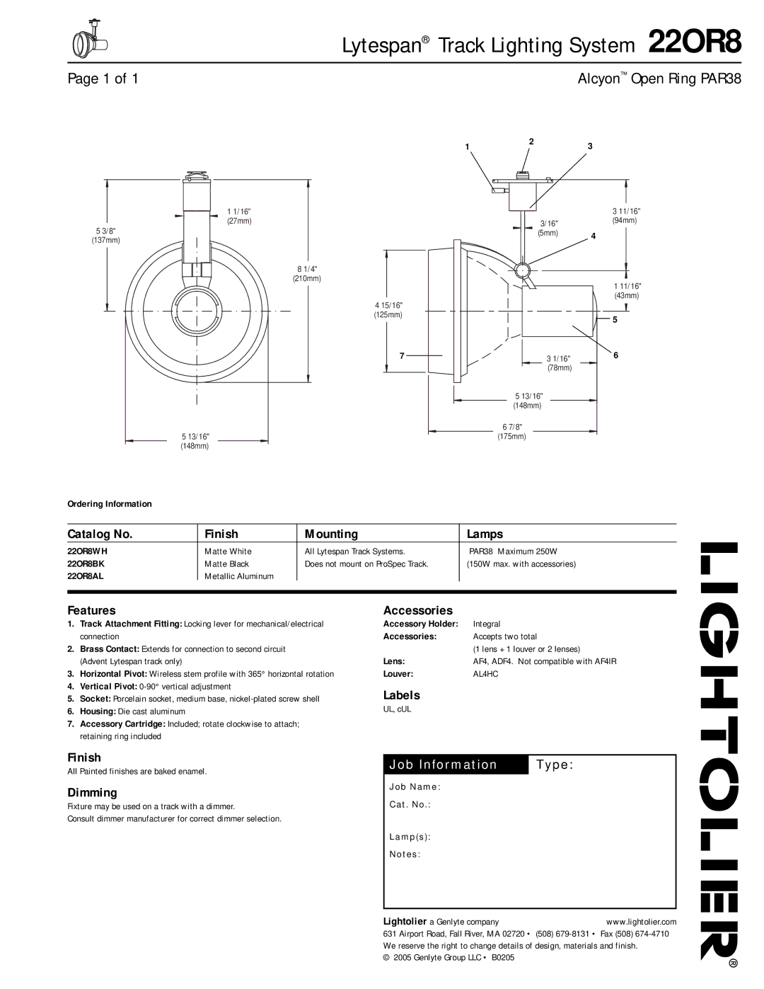 Lightolier 22OR8 manual Catalog No Finish Mounting Lamps, Features, Labels, Dimming, Accessories 