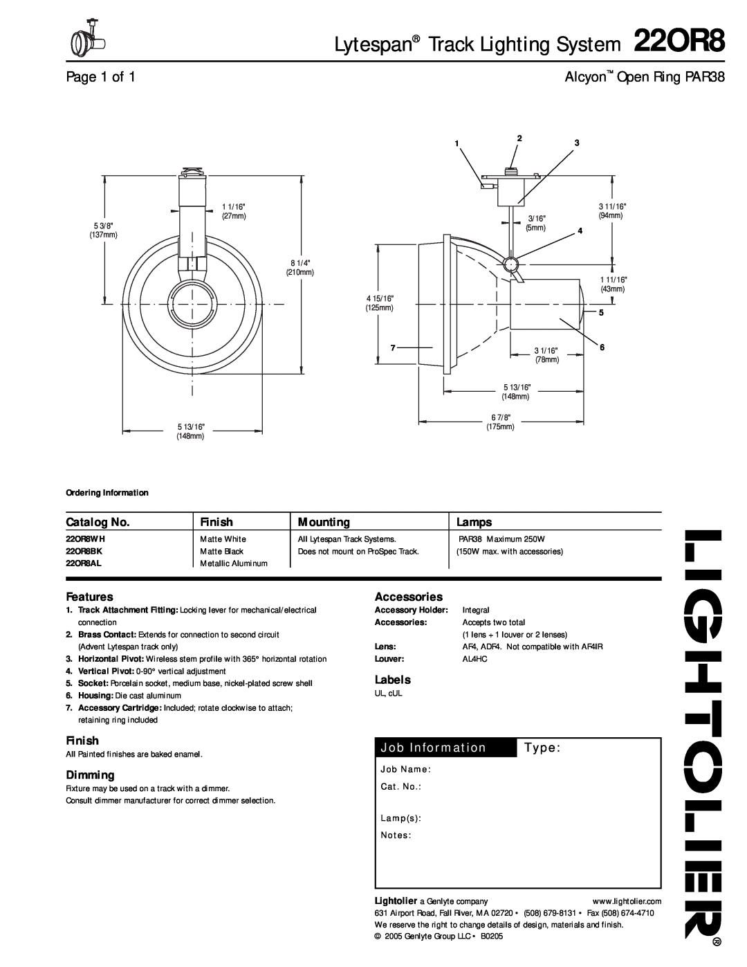 Lightolier 22OR8 manual Alcyon Open Ring PAR38, Catalog No, Finish, Mounting, Lamps, Features, Labels, Dimming, Type 