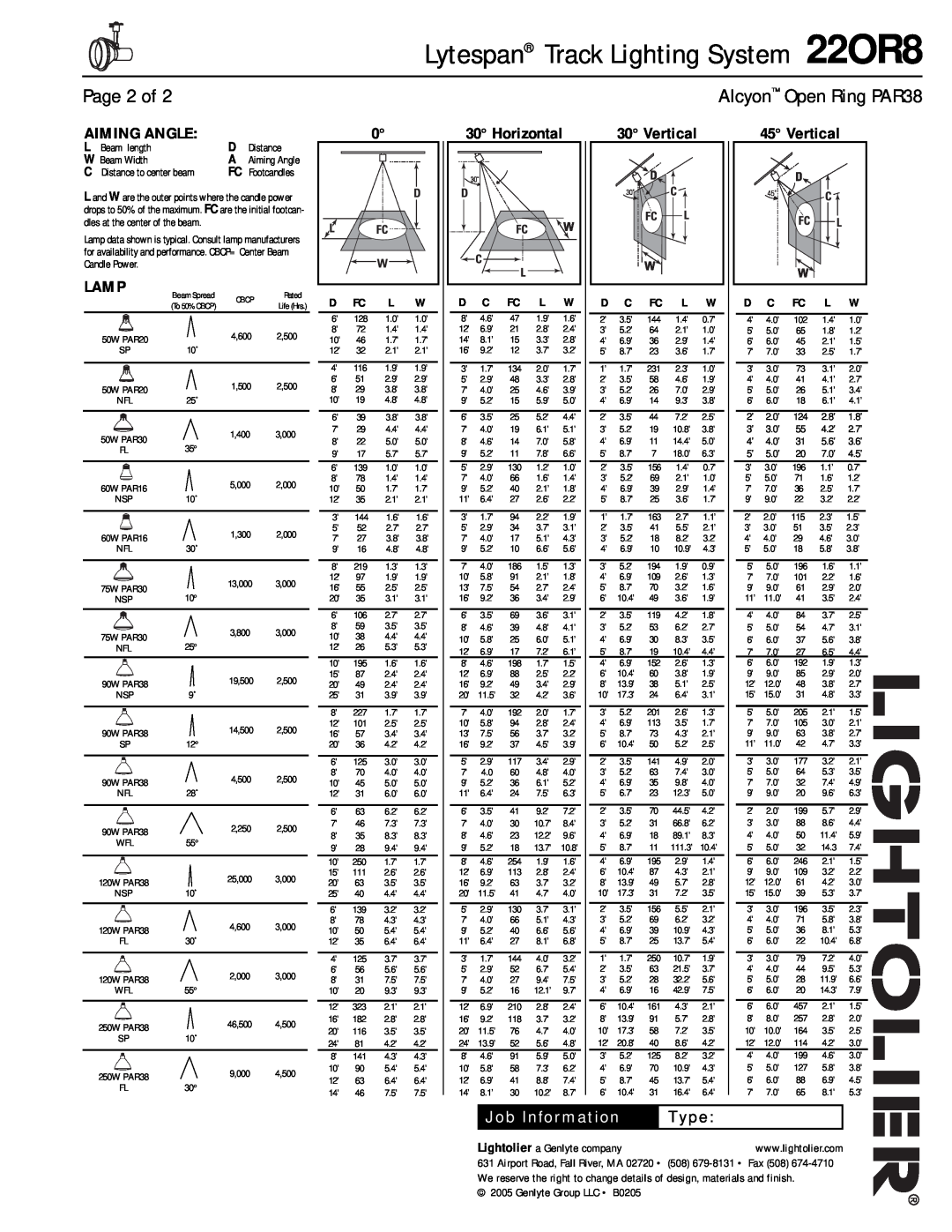 Lightolier 22OR8 manual Page 2 of, Aiming Angle, Horizontal, Lamp, Vertical, Type, Lytespan Track Lighting System 