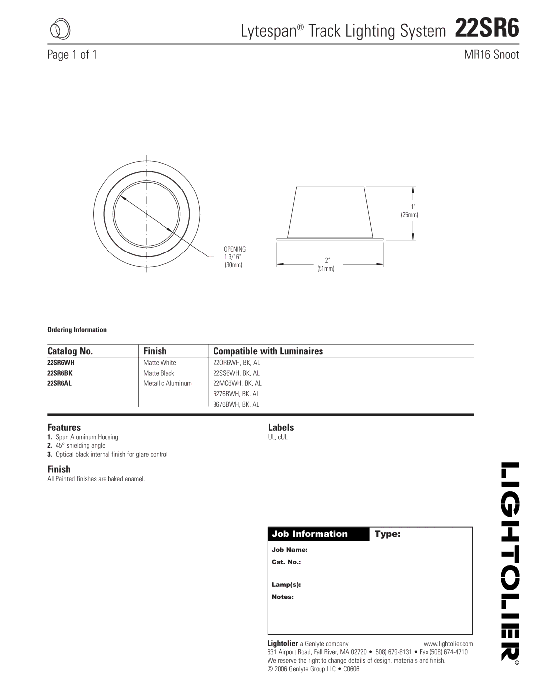 Lightolier manual Lytespan Track Lighting System 22SR6, Catalog No Finish Compatible with Luminaires, Features, Labels 