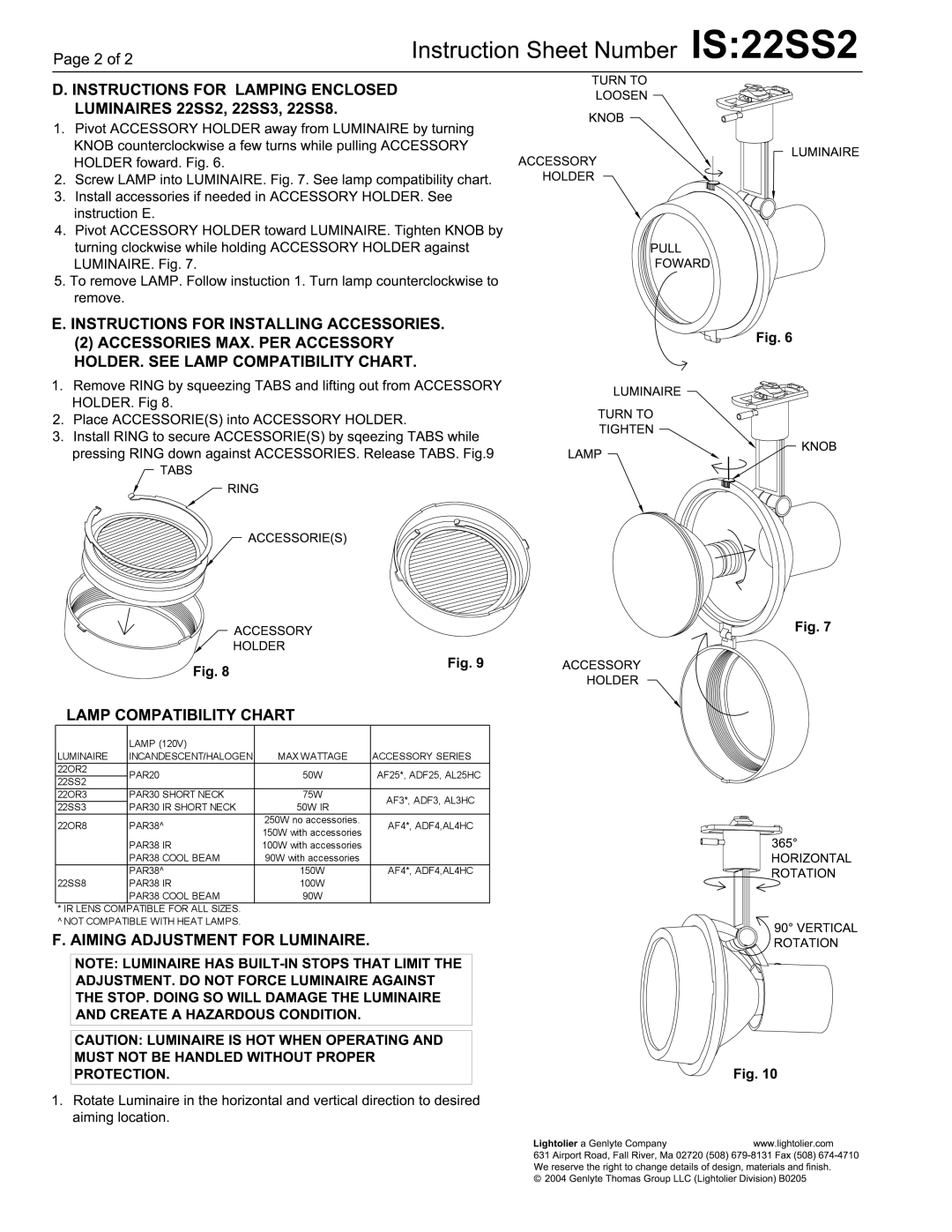 Lightolier 22SS2 manual Luminaire INCANDESCENT/HALOGEN MAX Wattage Accessory Series 