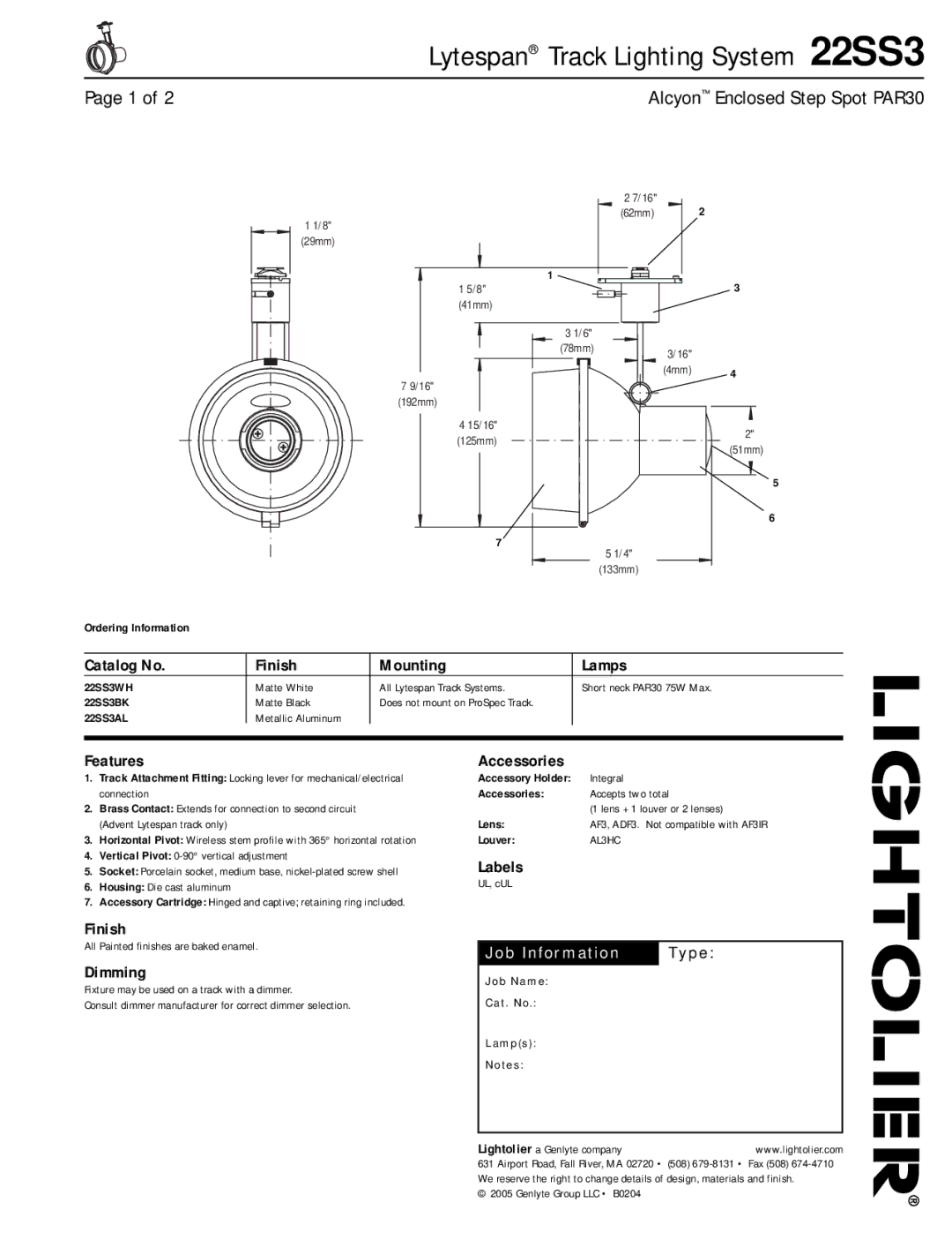 Lightolier 22SS3 manual Catalog No Finish Mounting Lamps, Features, Labels, Dimming, Accessories 