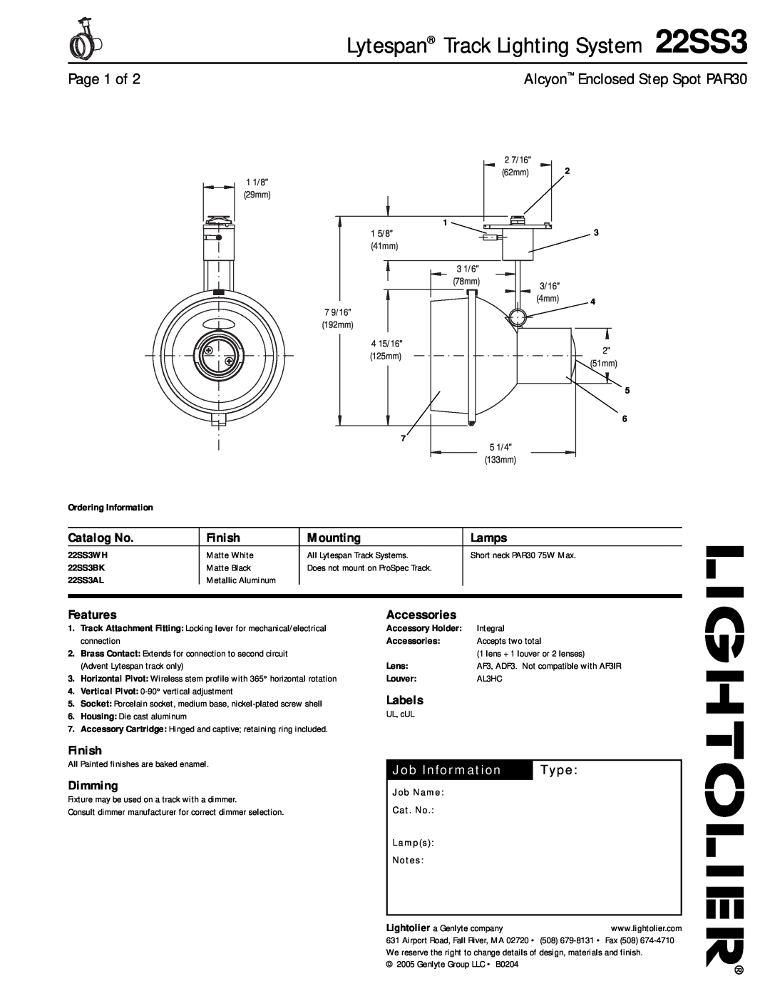 Lightolier manual Lytespan Track Lighting System 22SS3, Page 1 of, Alcyon Enclosed Step Spot PAR30, Catalog No, Finish 