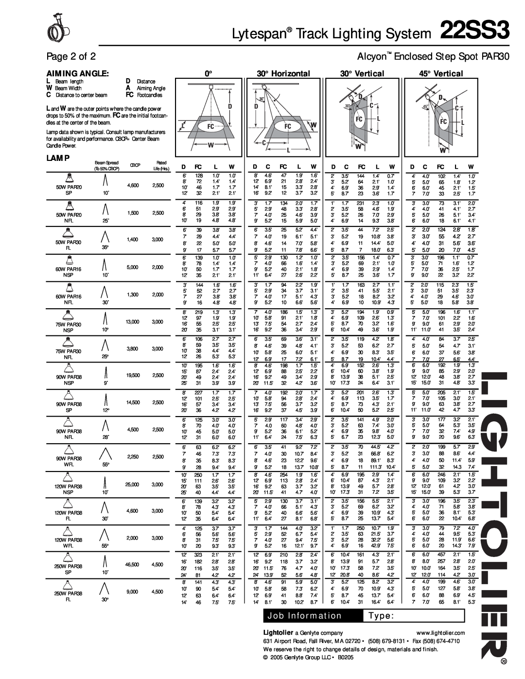 Lightolier manual Page 2 of, Aiming Angle, Lamp, Horizontal, Vertical, Type, Lytespan Track Lighting System 22SS3 