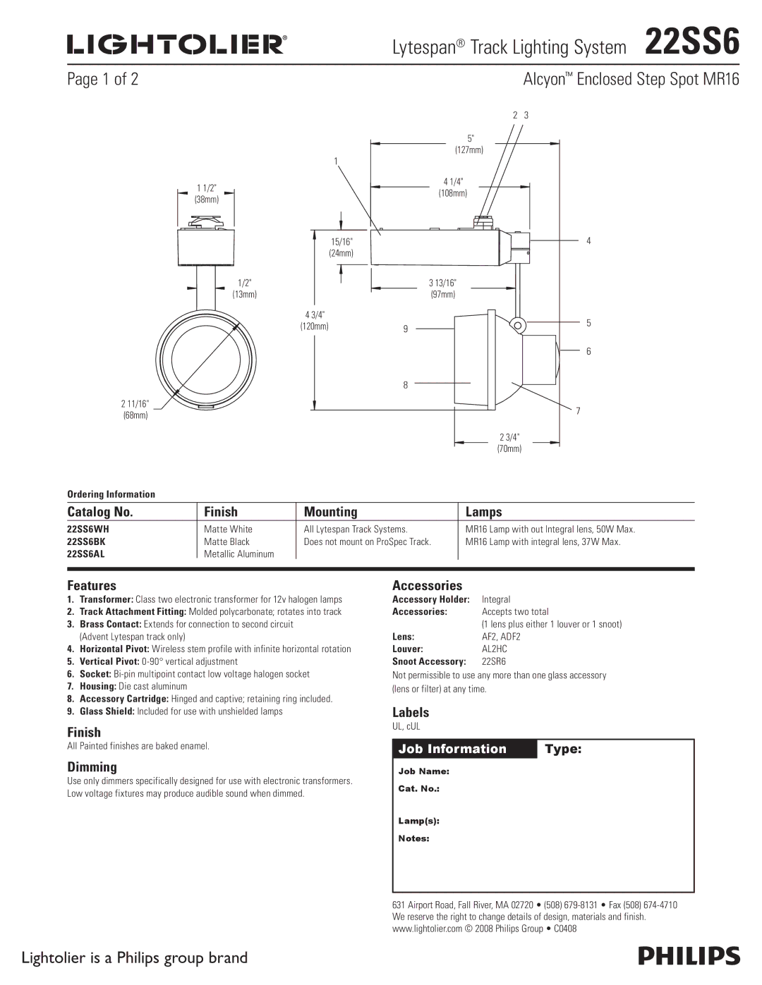 Lightolier 22SS6 manual Catalog No Finish Mounting Lamps, Features, Dimming, Accessories, Labels 