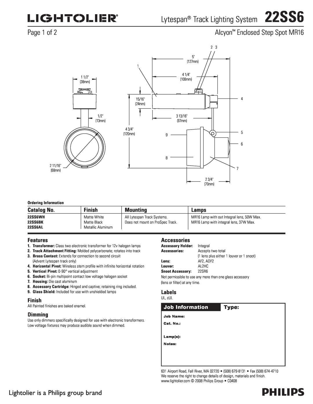 Lightolier manual Lytespan Track Lighting System22SS6, Alcyon Enclosed Step Spot MR16, Page 1 of, Catalog No, Finish 