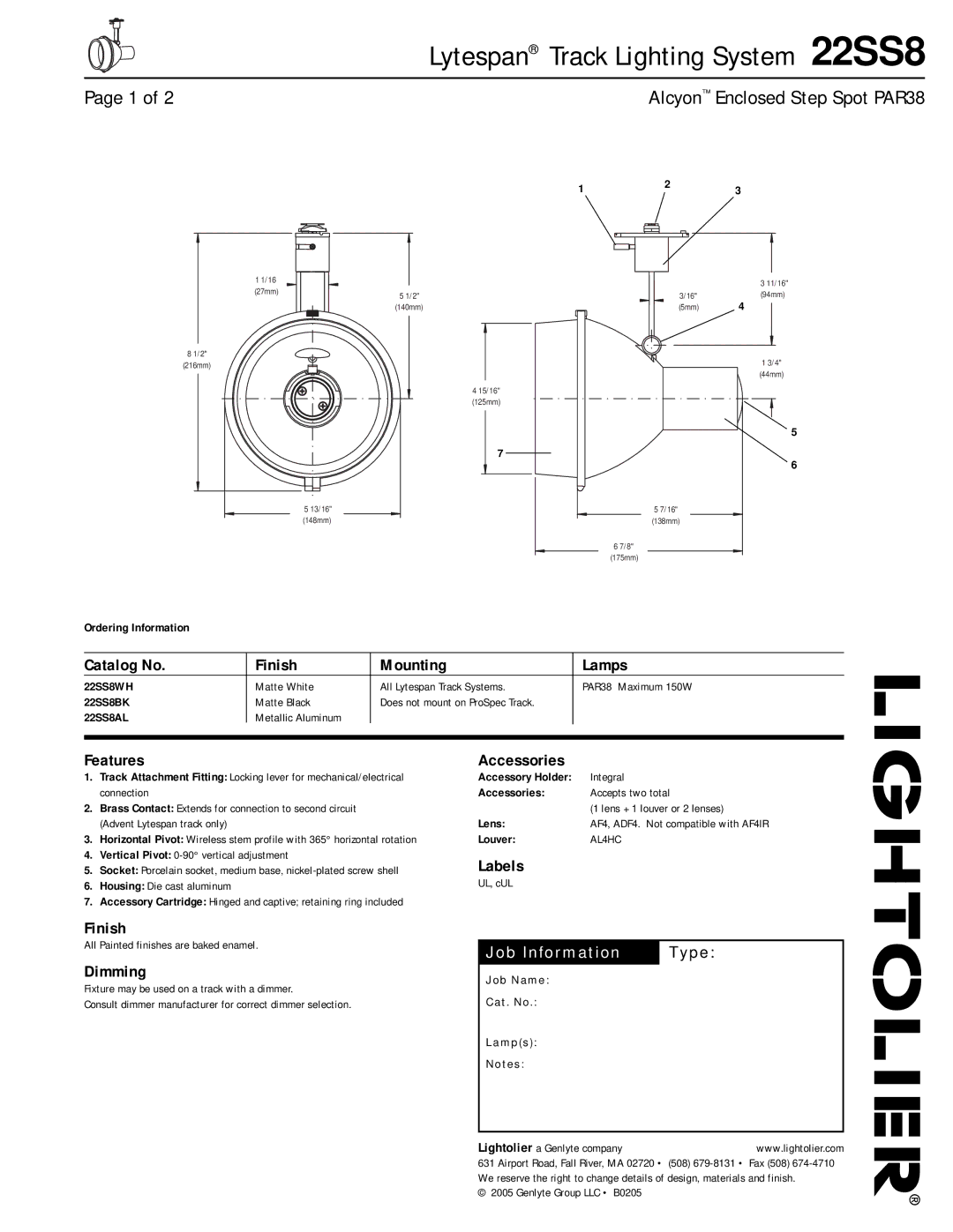 Lightolier manual Lytespan Track Lighting System 22SS8, Catalog No Finish Mounting Lamps, Features, Labels, Dimming 