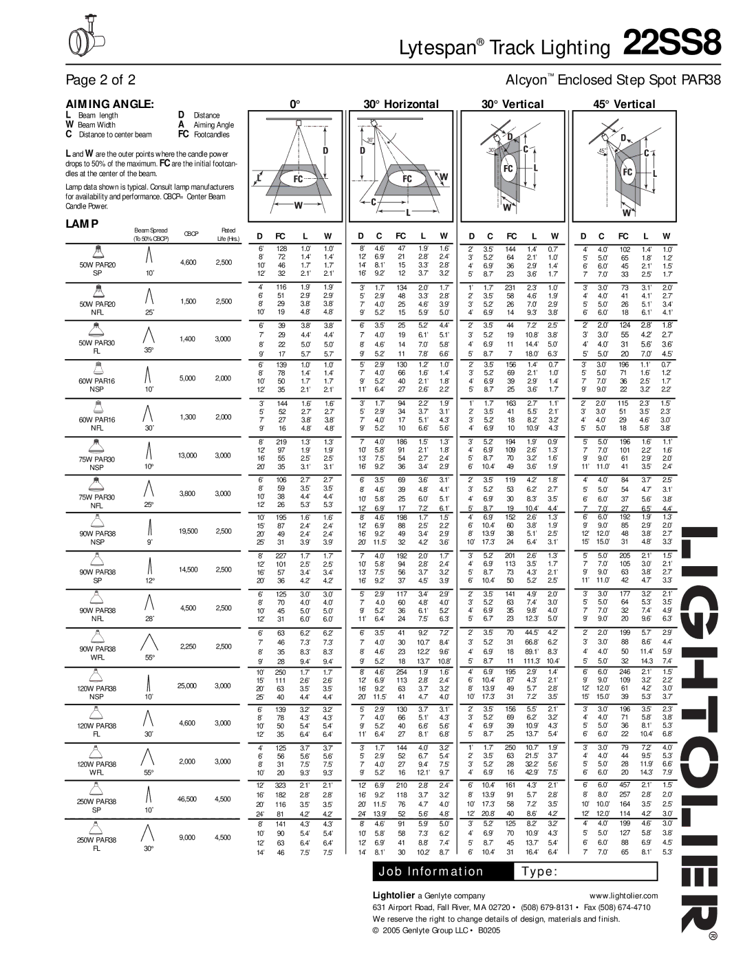 Lightolier manual Lytespan Track Lighting 22SS8, Aiming Angle, Lamp, Horizontal 