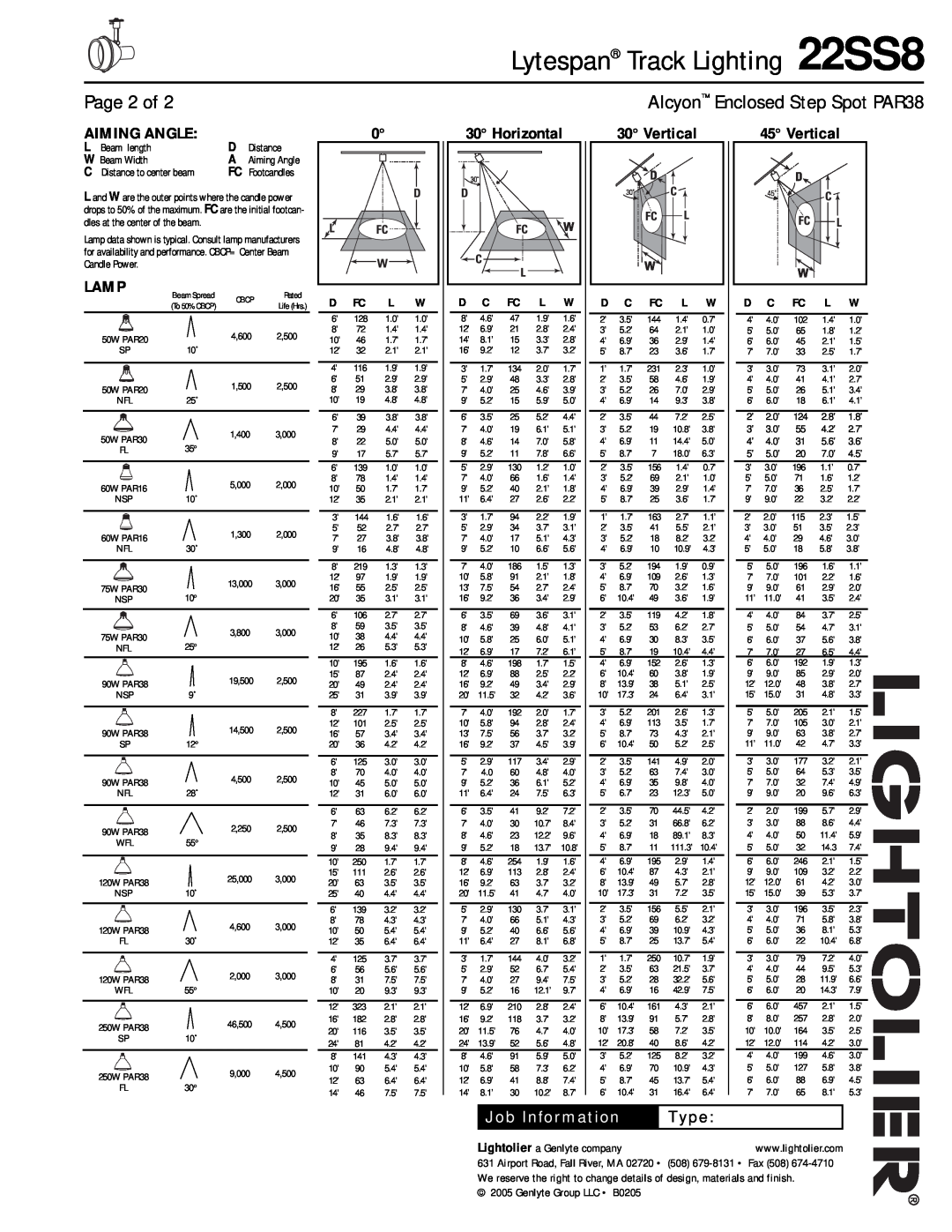 Lightolier Lytespan Track Lighting 22SS8, Page 2 of, Aiming Angle, Lamp, Horizontal, Vertical, Type, Job Information 