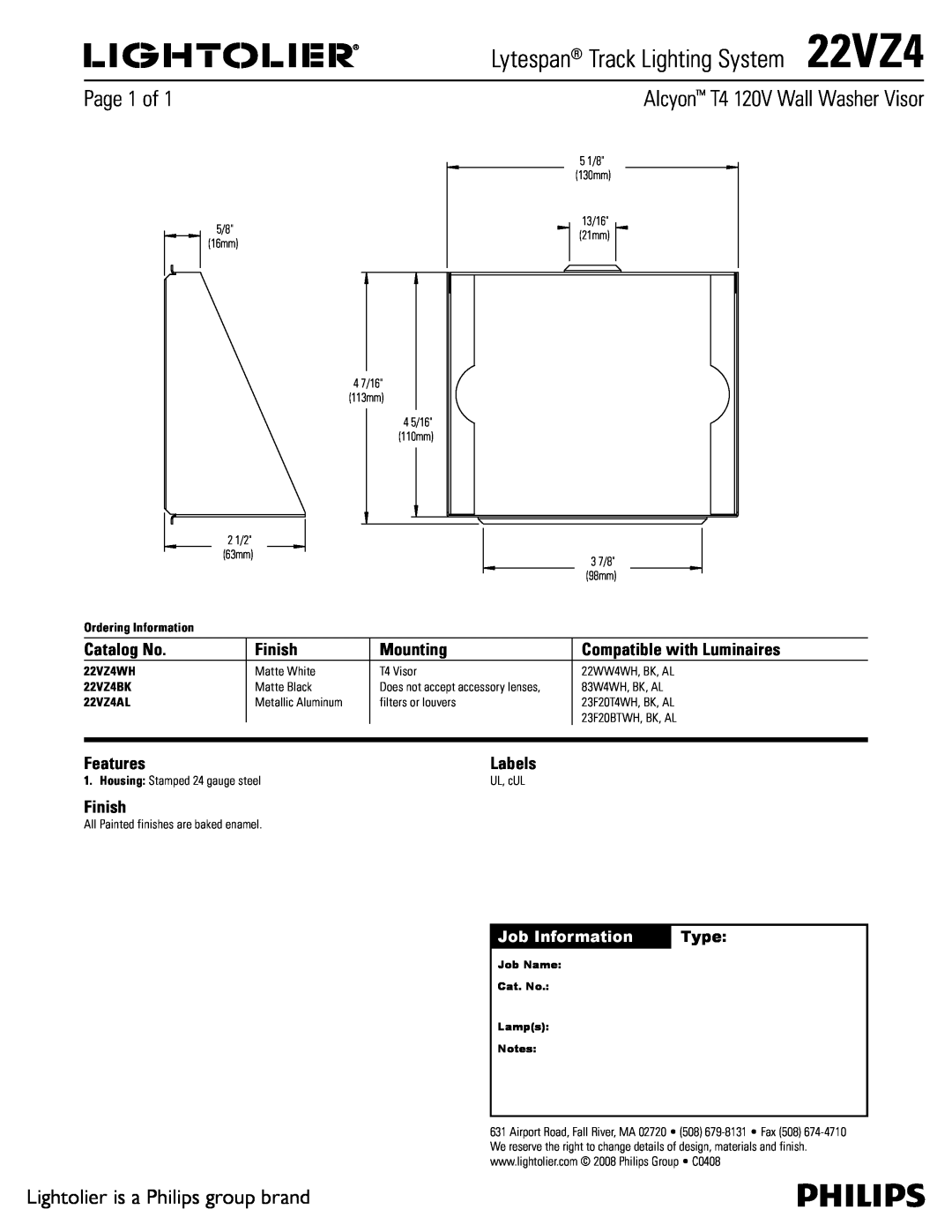 Lightolier manual Lytespan Track Lighting System22VZ4, Page of, Alcyon T4 120V Wall Washer Visor, Catalog No, Finish 