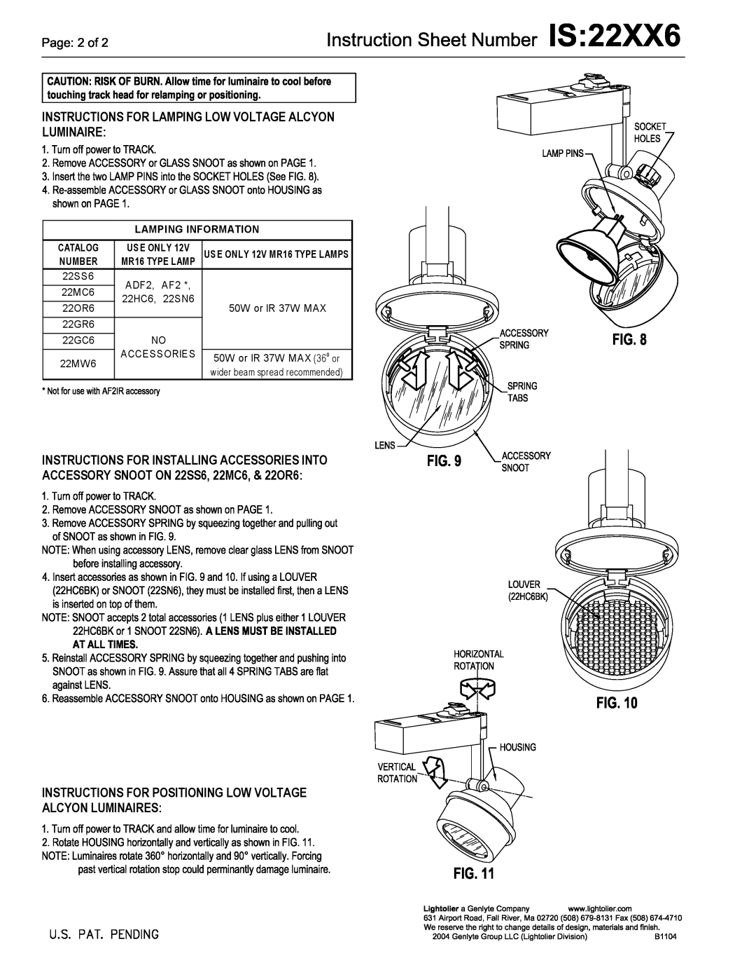 Lightolier 22XX6 manual Lamping Information, Catalog, Use Only, USE ONLY 12V MR16 TYPE LAMPS, Number 