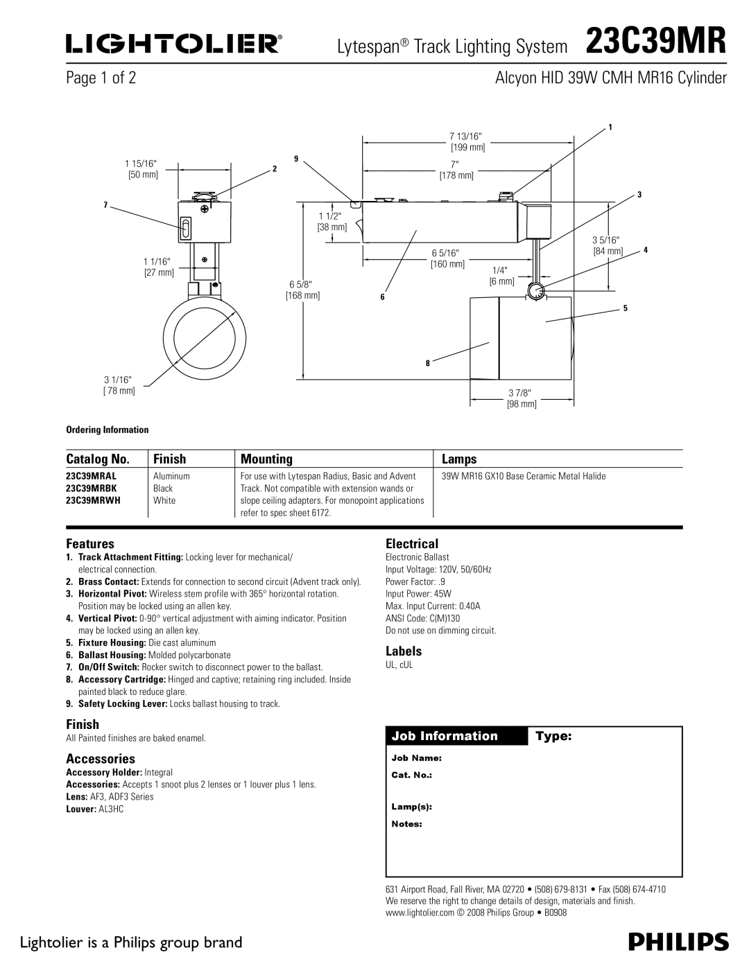 Lightolier 23C39MR manual Catalog No Finish Mounting Lamps, Features, Accessories, Electrical, Labels 