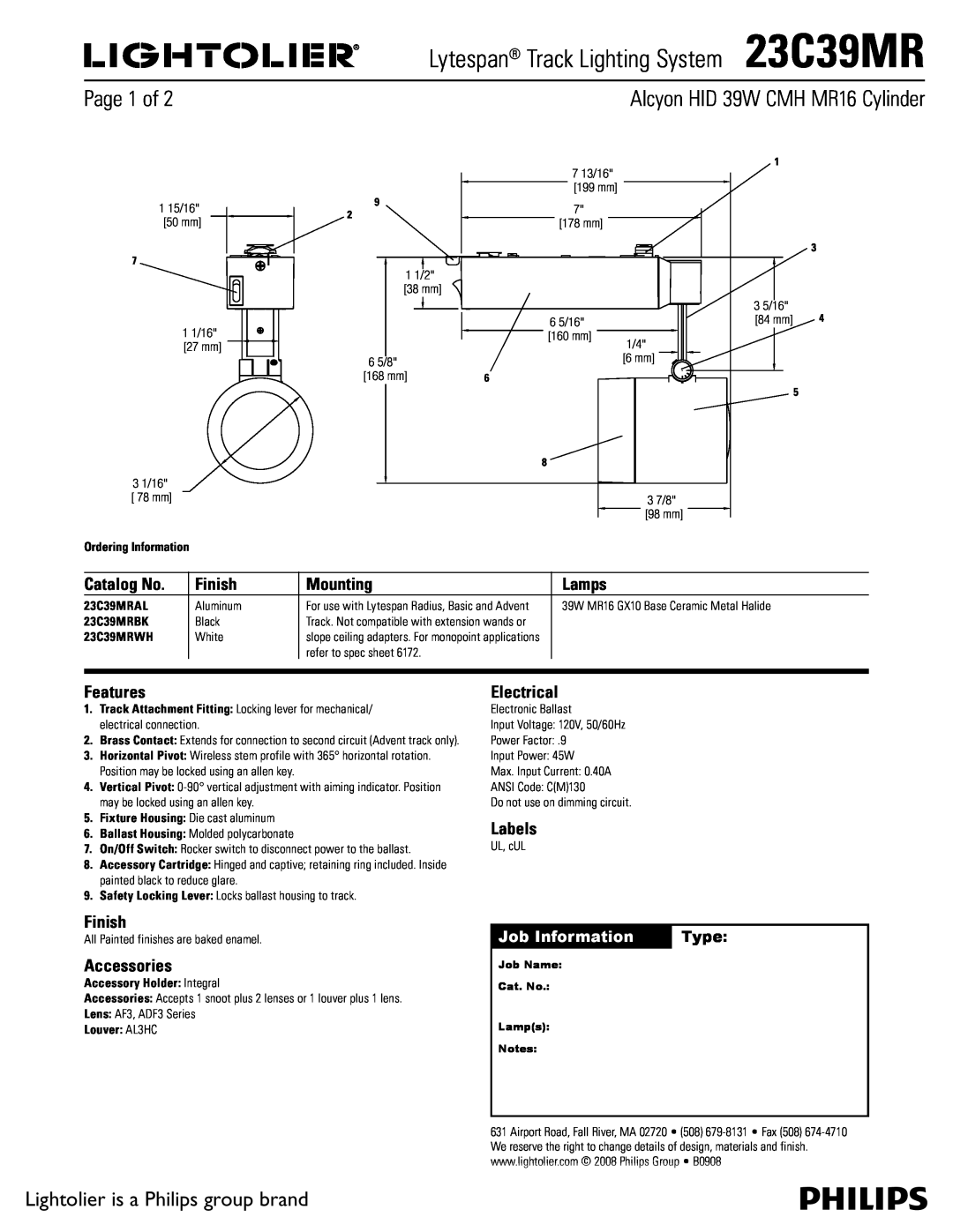 Lightolier manual Lytespan Track Lighting System23C39MR, Alcyon HID 39W CMH MR16 Cylinder, Page 1 of, Catalog No, Lamps 
