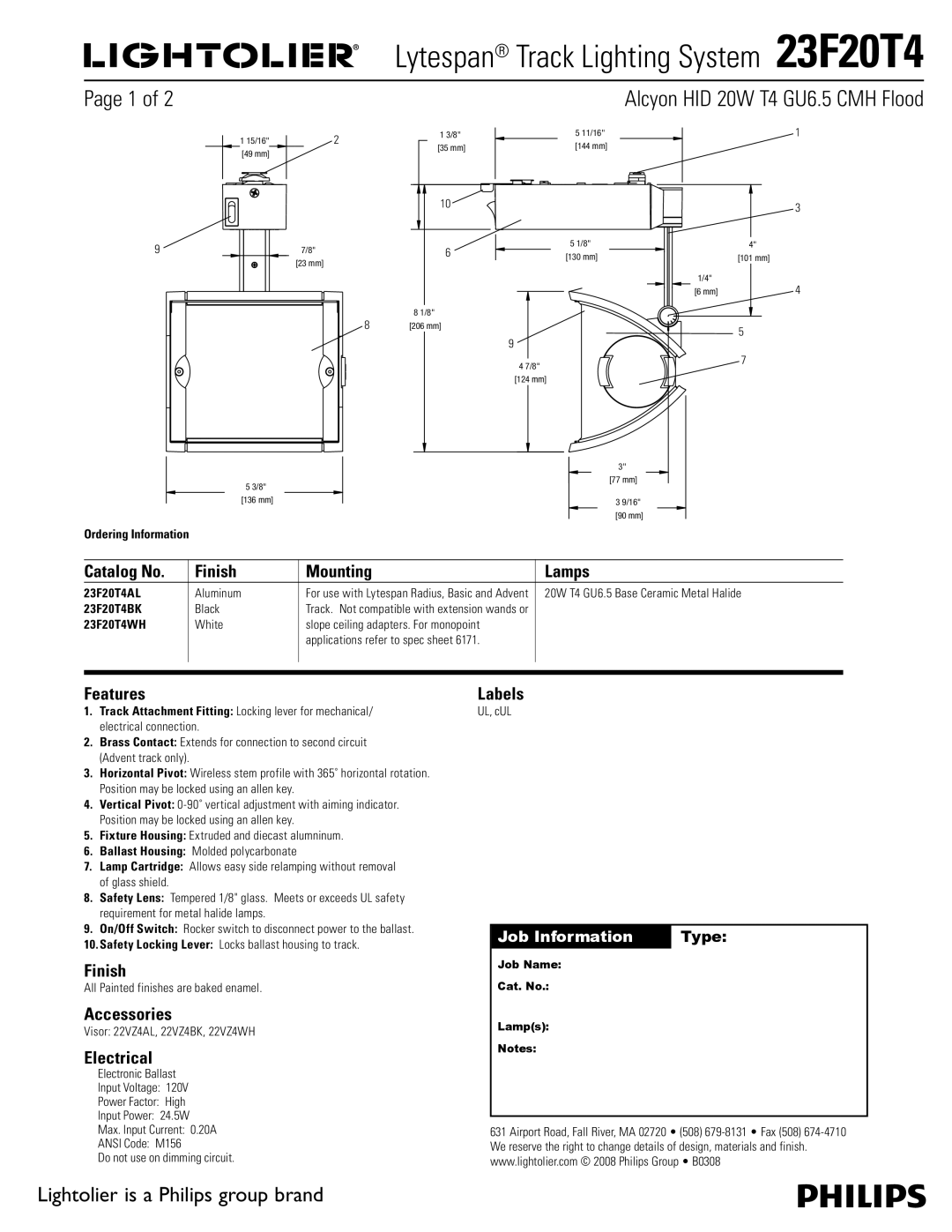 Lightolier 23F20T4 manual Catalog No Finish Mounting Lamps, Features, Accessories, Electrical, Labels 