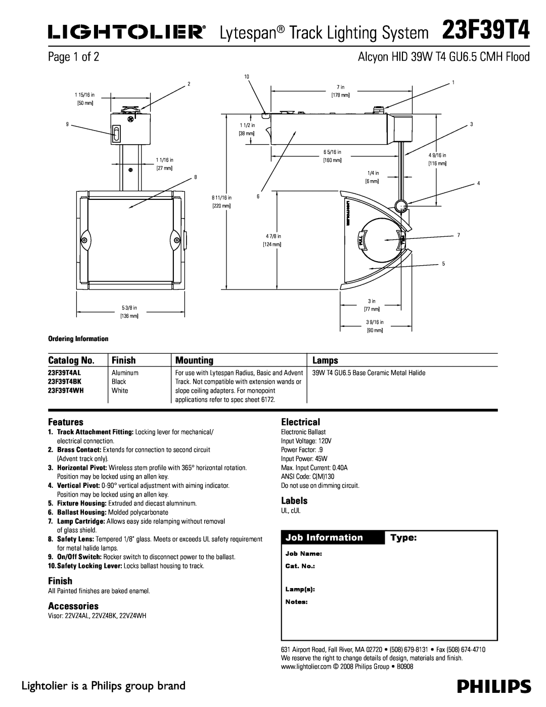 Lightolier manual Lytespan Track Lighting System23F39T4, Alcyon HID 39W T4 GU6.5 CMH Flood, Page 1 of, Catalog No, Type 