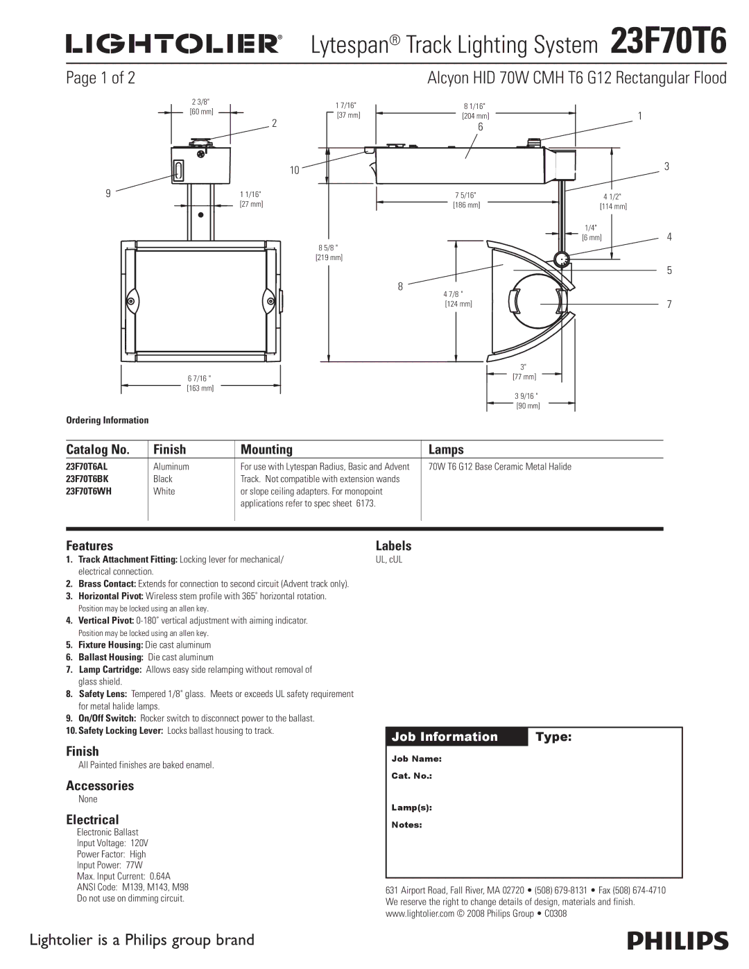 Lightolier 23F70T6 manual Catalog No Finish Mounting Lamps, Features, Accessories, Electrical, Labels 