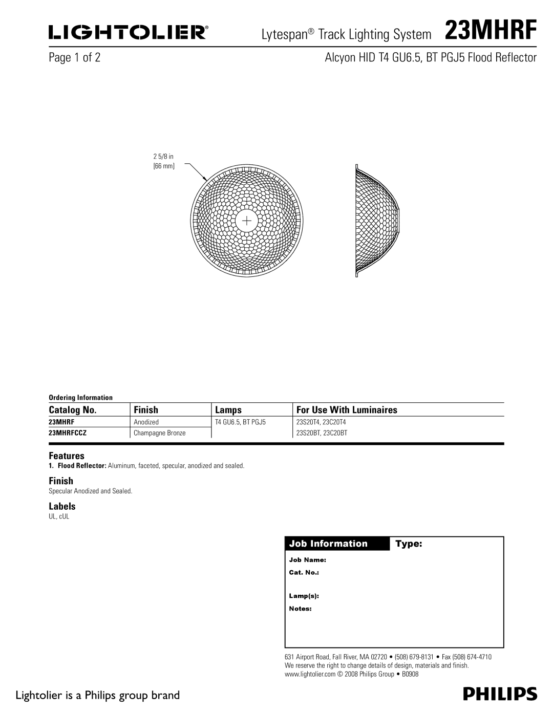 Lightolier manual Lytespan Track Lighting System 23MHRF, Alcyon HID T4 GU6.5, BT PGJ5 Flood Reflector, Features, Labels 