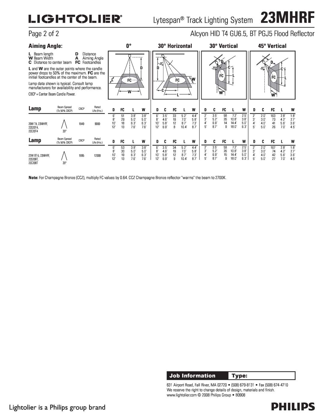 Lightolier Page 2 of, Aiming Angle, Lamp, Horizontal, Vertical, Lytespan Track Lighting System23MHRF, Job Information 
