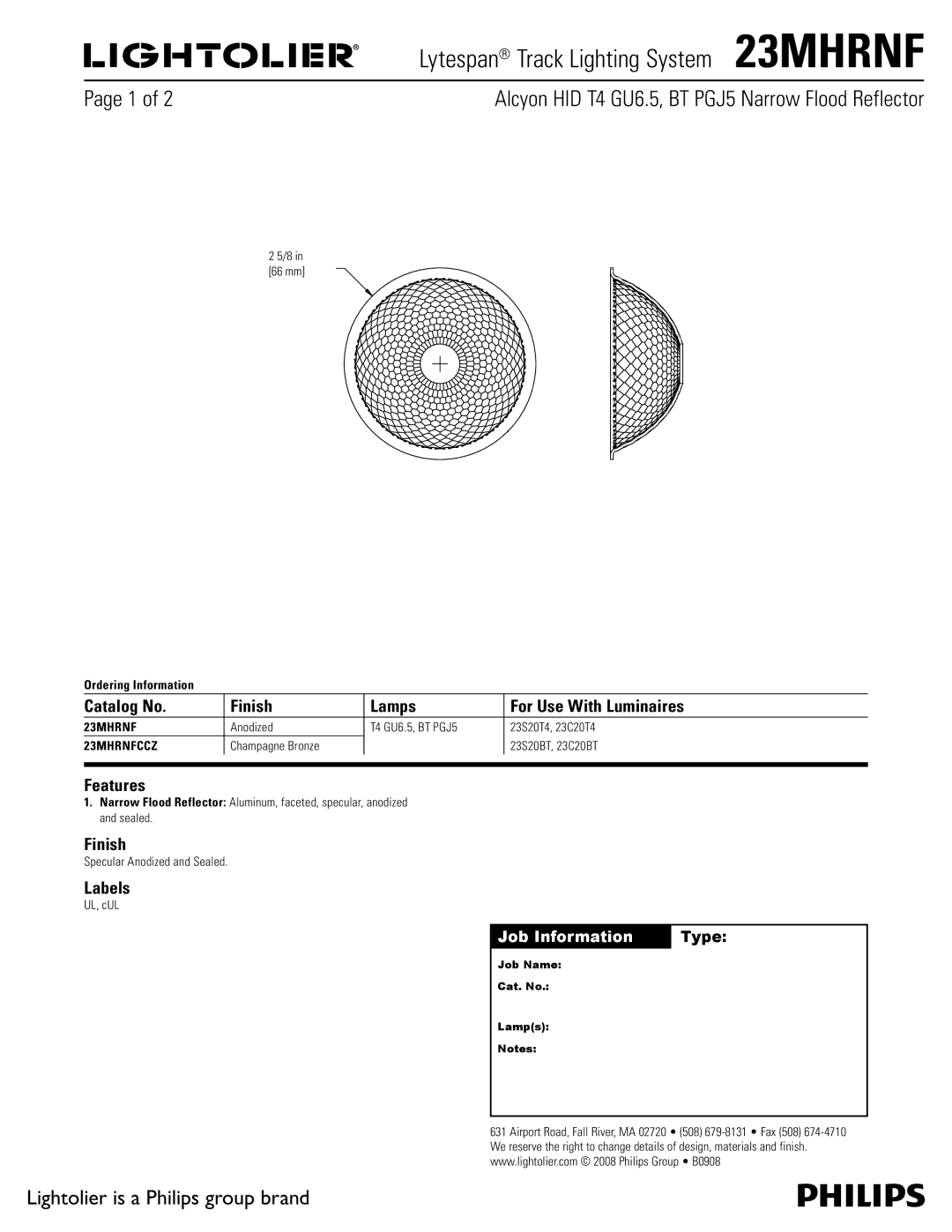 Lightolier manual Lytespan Track Lighting System 23MHRNF, Alcyon HID T4 GU6.5, BT PGJ5 Narrow Flood Reflector, Features 