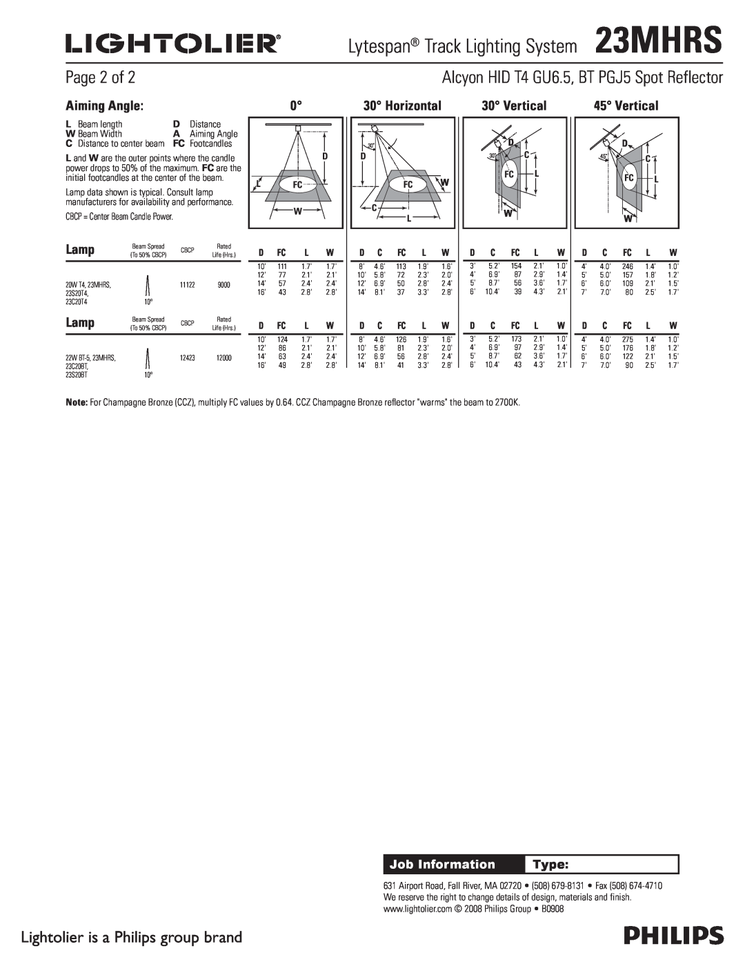 Lightolier Page 2 of, Aiming Angle, Lamp, Horizontal, Vertical, Lytespan Track Lighting System23MHRS, Job Information 