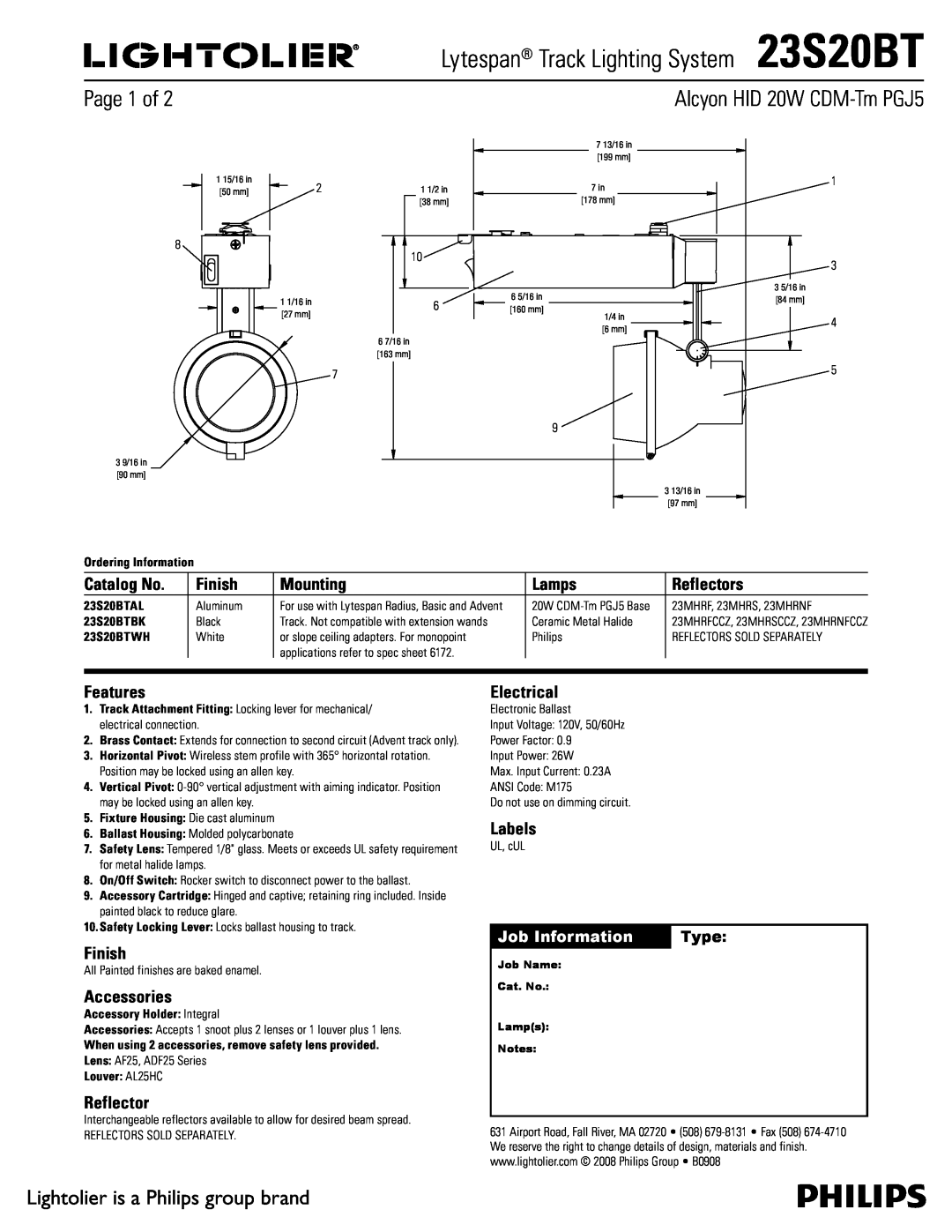 Lightolier manual Lytespan Track Lighting System23S20BT, Page 1 of, Lightolier is a Philips group brand, Catalog No 