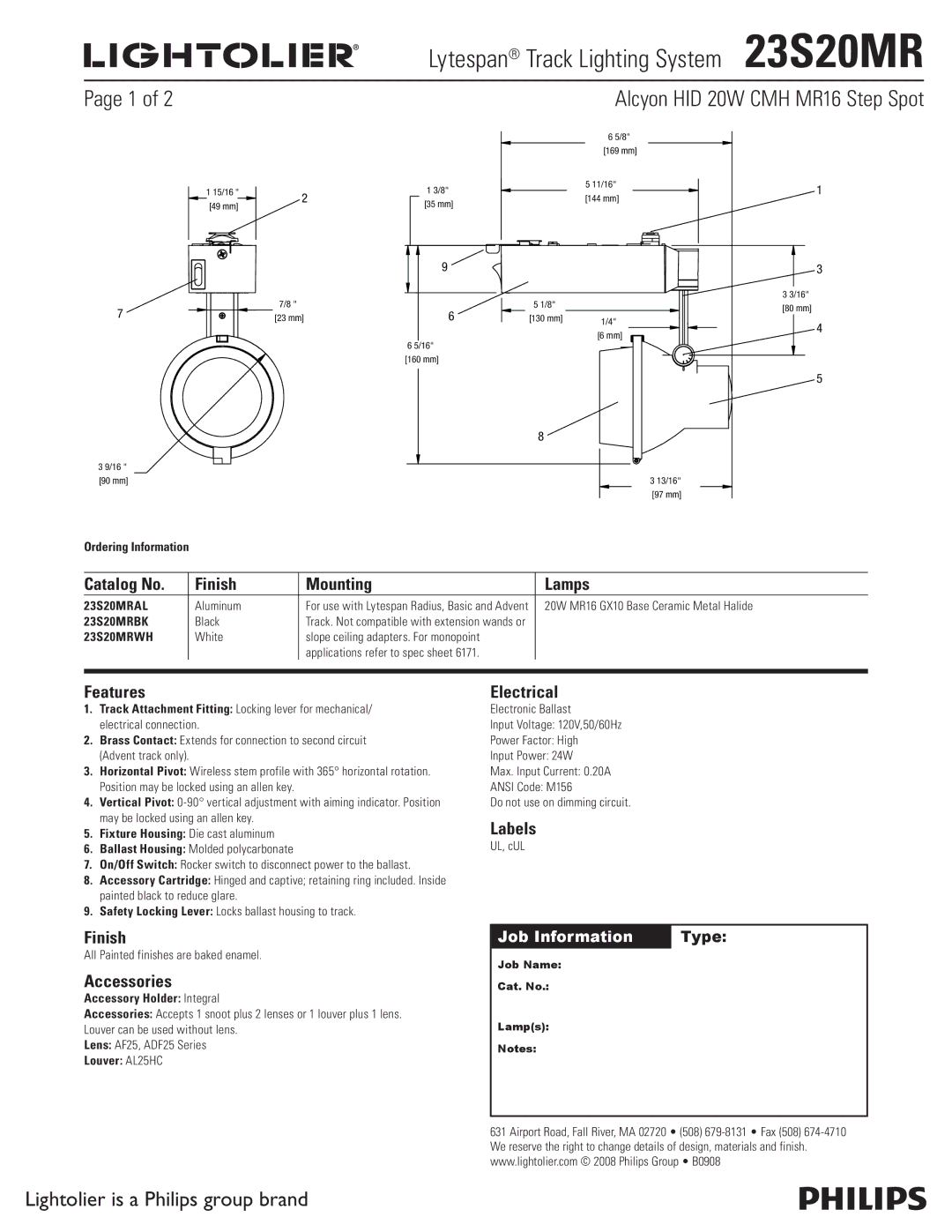 Lightolier 23S20MR manual Catalog No Finish Mounting Lamps, Features, Accessories, Electrical, Labels 