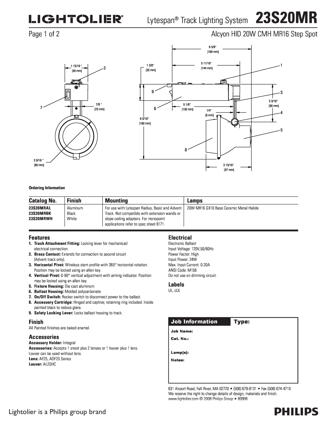 Lightolier 23S20MR manual Page 1 of, Lightolier is a Philips group brand, Catalog No, Finish, Mounting, Lamps, Features 