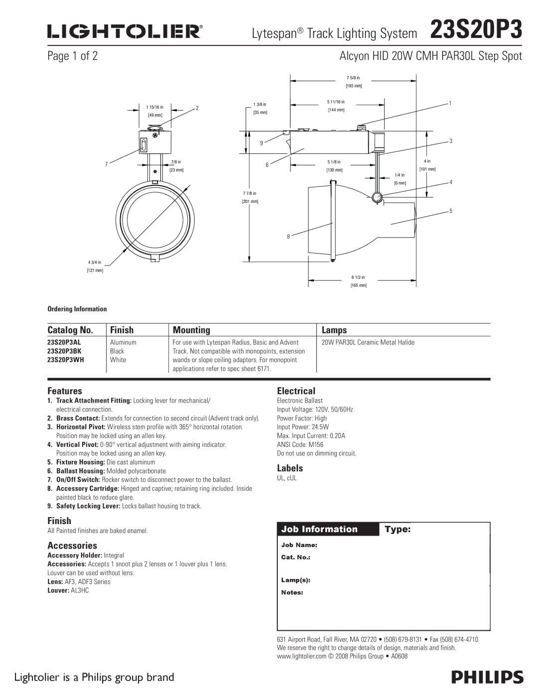 Lightolier 23S20P3 manual Catalog No Finish Mounting Lamps, Features, Accessories, Electrical, Labels 