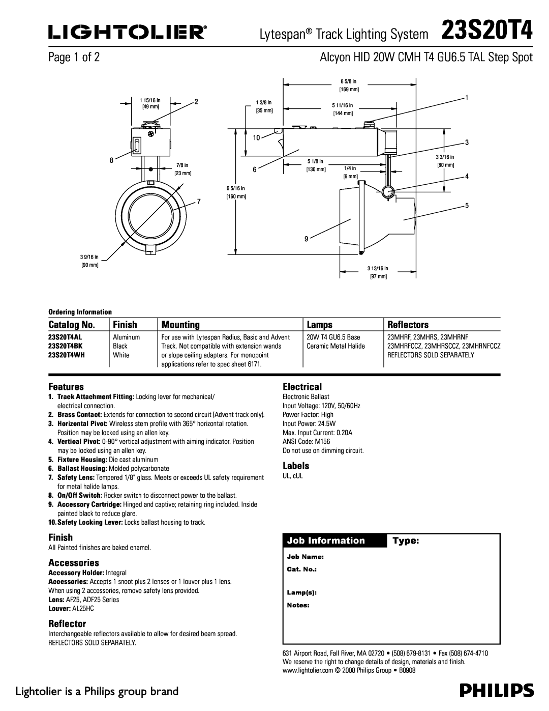 Lightolier manual Lytespan Track Lighting System23S20T4, Lightolier is a Philips group brand, Page 1 of, Catalog No 