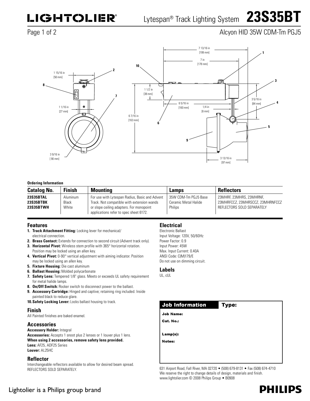 Lightolier 23S35BT manual Catalog No Finish Mounting Lamps Reflectors, Features, Accessories, Electrical, Labels 