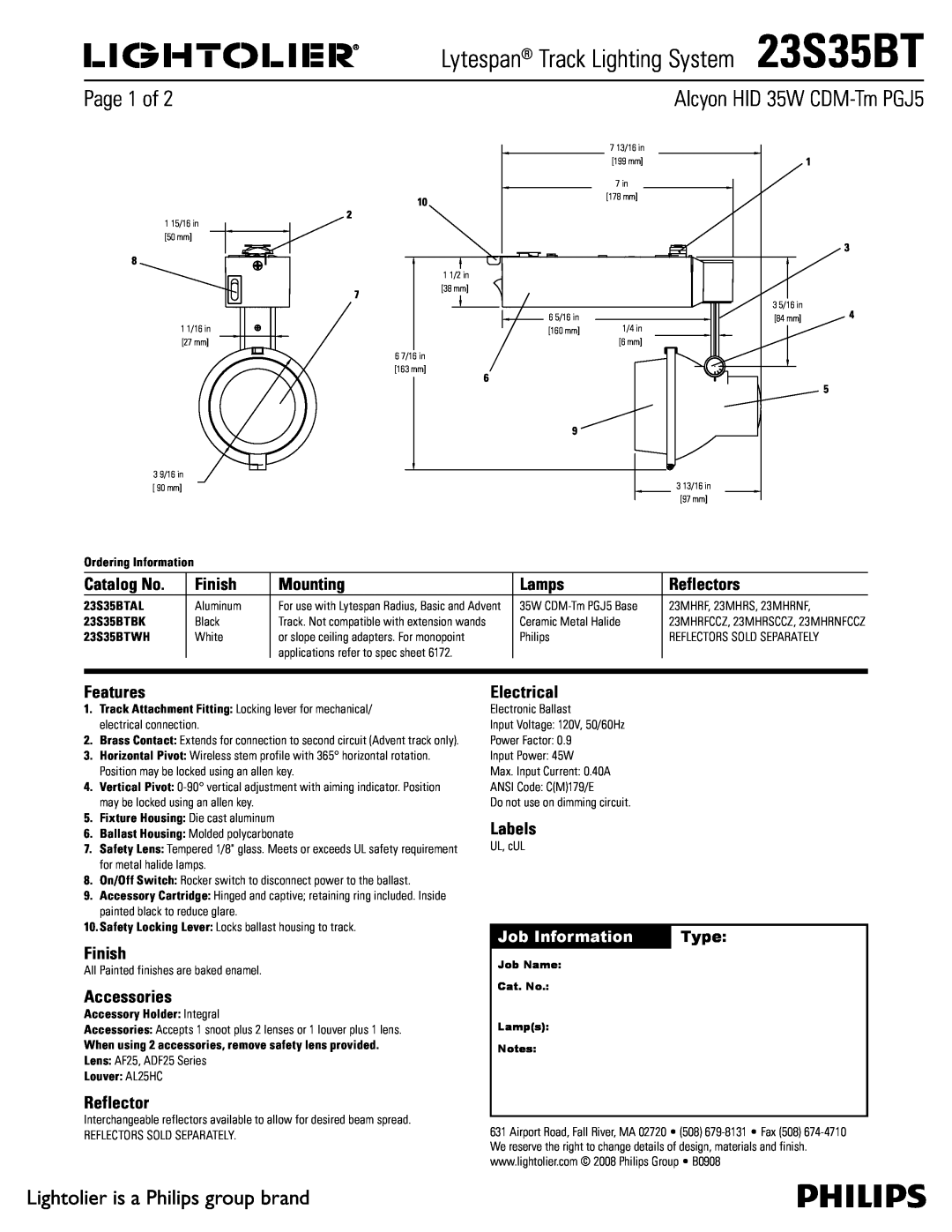 Lightolier manual Lytespan Track Lighting System23S35BT, Alcyon HID 35W CDM-TmPGJ5, Page 1 of, Catalog No, Finish 