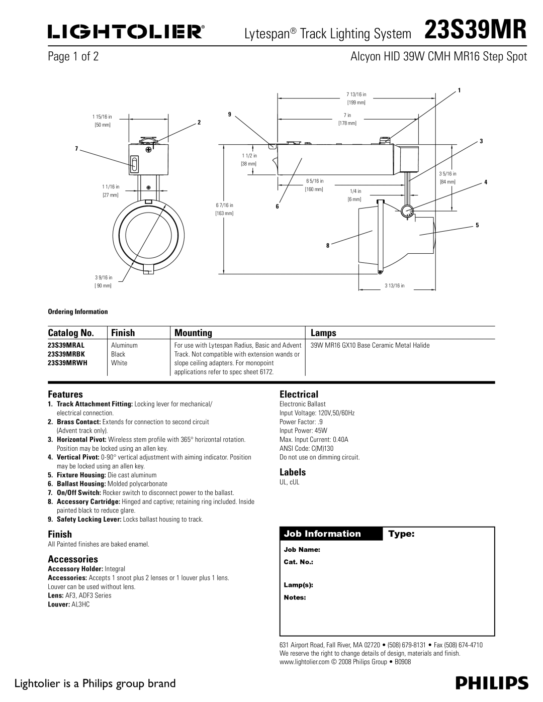 Lightolier 23S39MR manual Catalog No Finish Mounting Lamps, Features, Accessories, Electrical, Labels 