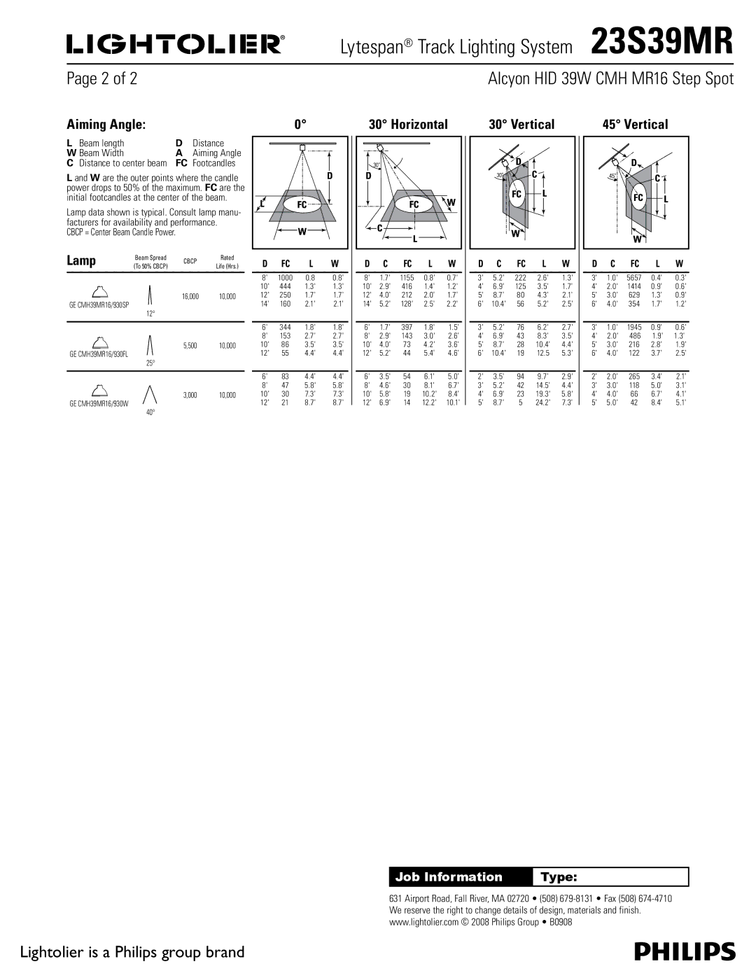 Lightolier 23S39MR manual Aiming Angle, Lamp, Horizontal, Vertical, Beam length Distance Beam Width 