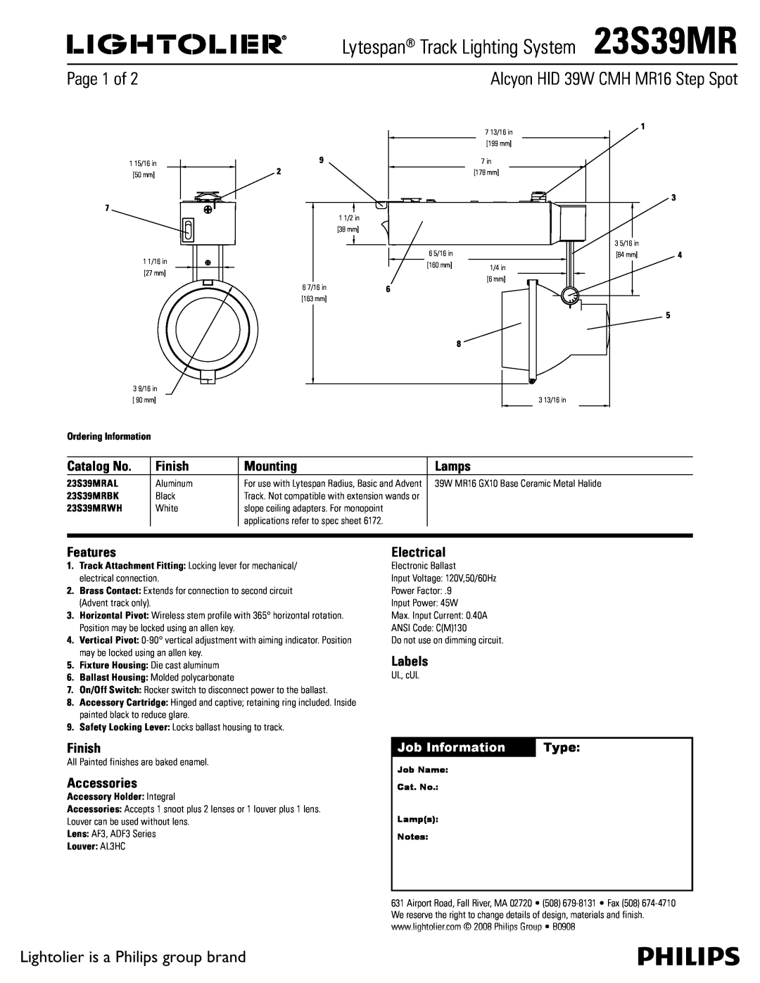 Lightolier manual Lytespan Track Lighting System23S39MR, Alcyon HID 39W CMH MR16 Step Spot, Page 1 of, Catalog No, Type 