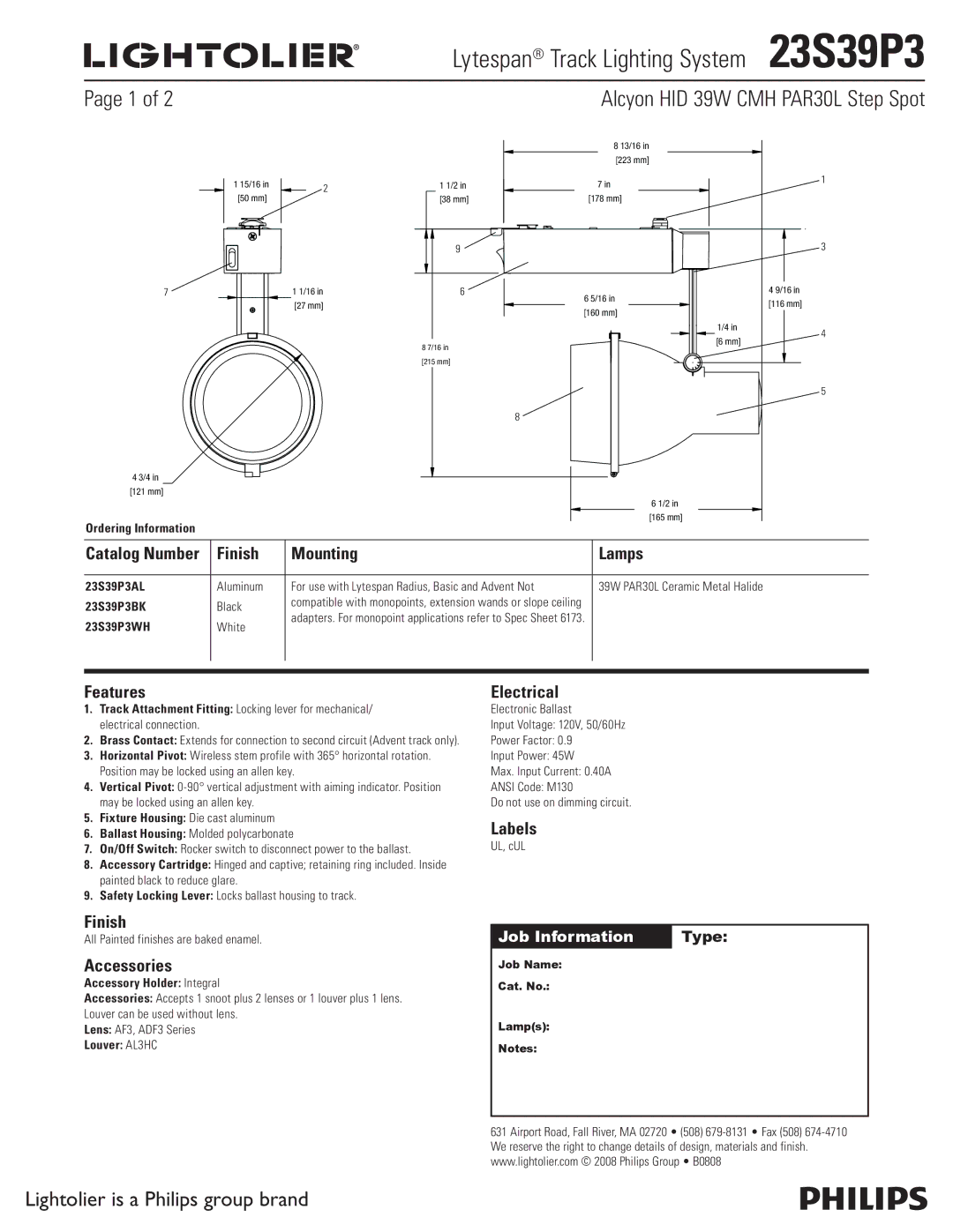 Lightolier 23S39P3 manual Finish Mounting Lamps, Features, Accessories, Electrical, Labels 