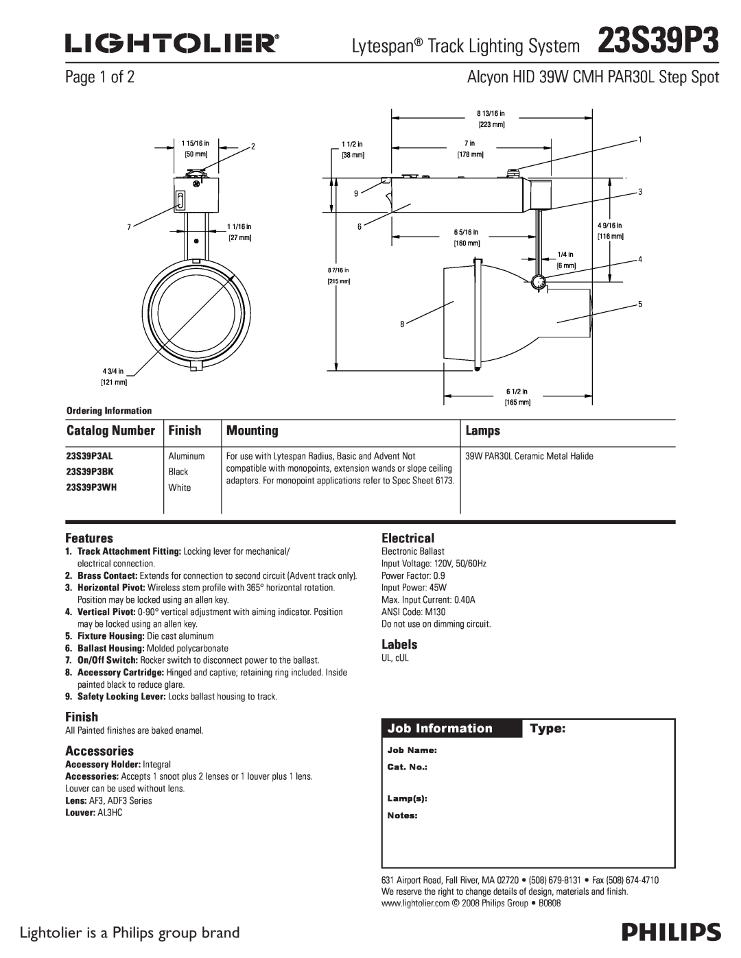 Lightolier manual Lytespan Track Lighting System23S39P3, Lightolier is a Philips group brand, Finish, Mounting, Lamps 
