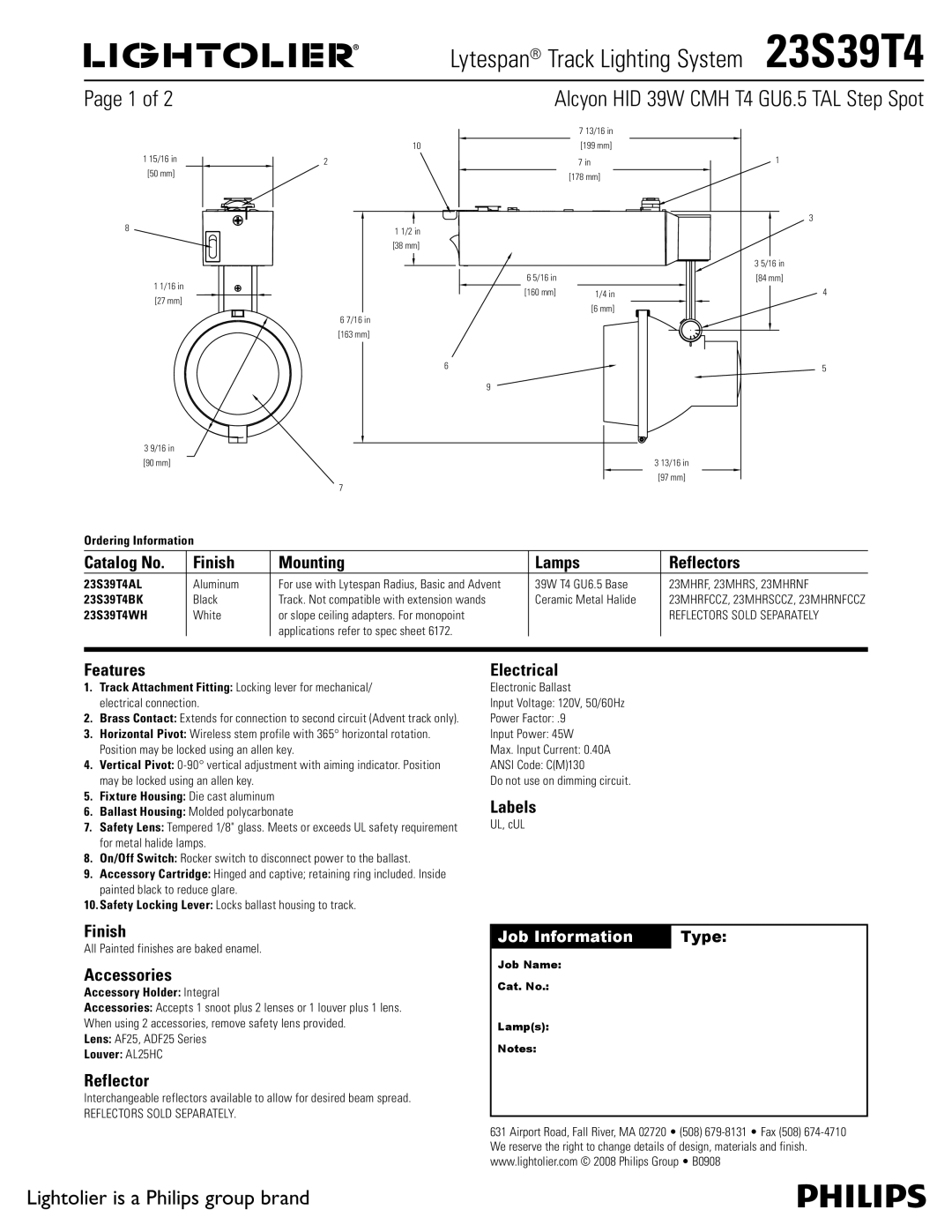 Lightolier 23S39T4 manual Catalog No Finish Mounting Lamps Reflectors, Features, Accessories, Electrical, Labels 