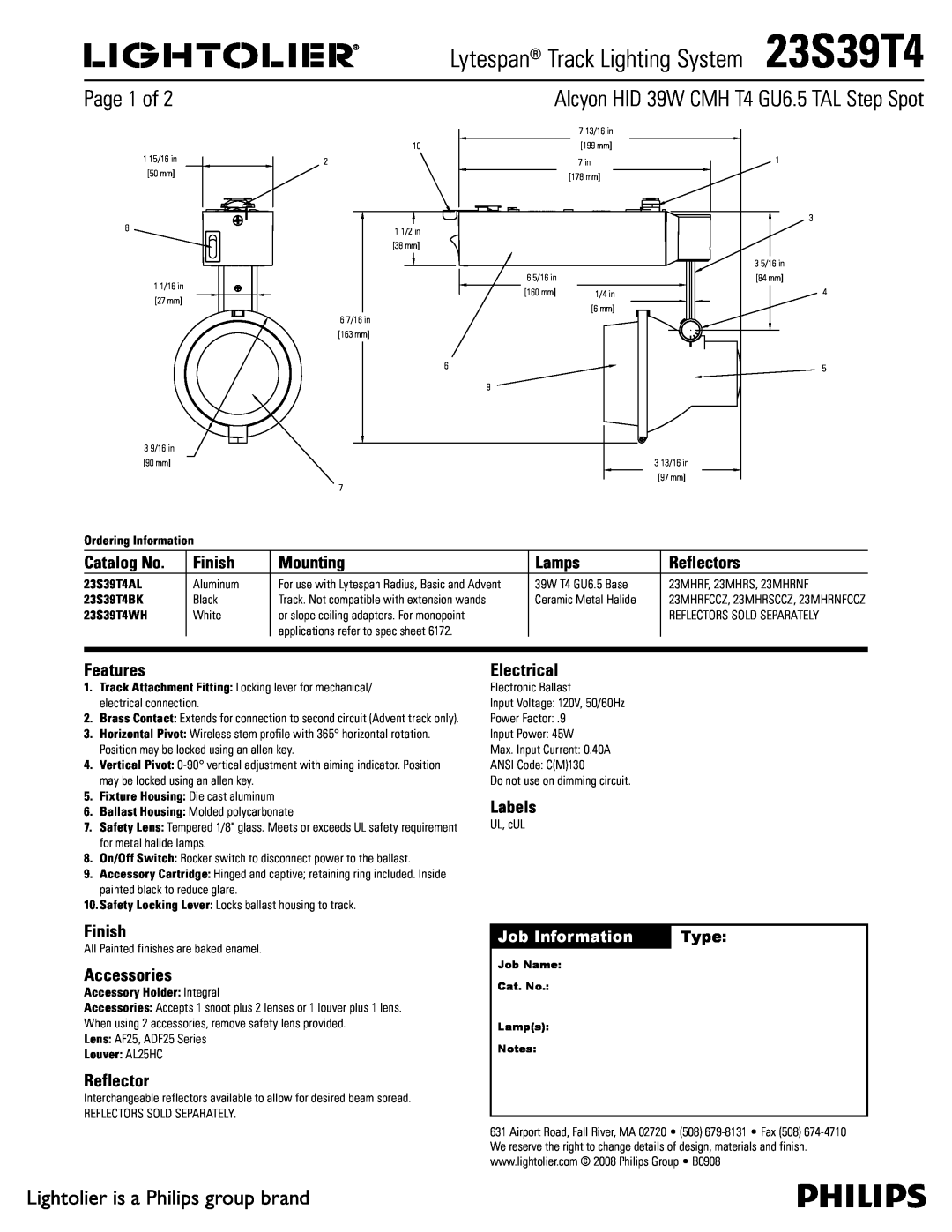 Lightolier manual Lytespan Track Lighting System23S39T4, Alcyon HID 39W CMH T4 GU6.5 TAL Step Spot, Page 1 of, Finish 