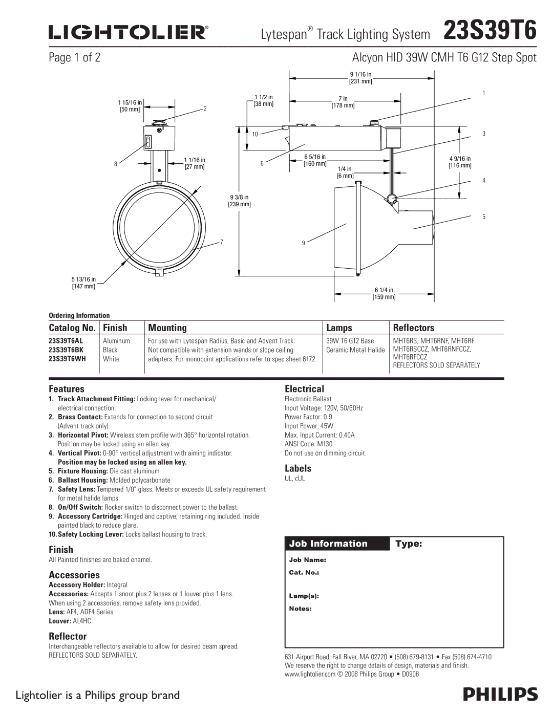 Lightolier 23S39T6 manual Finish Mounting Lamps Reflectors, Features, Accessories, Electrical, Labels 