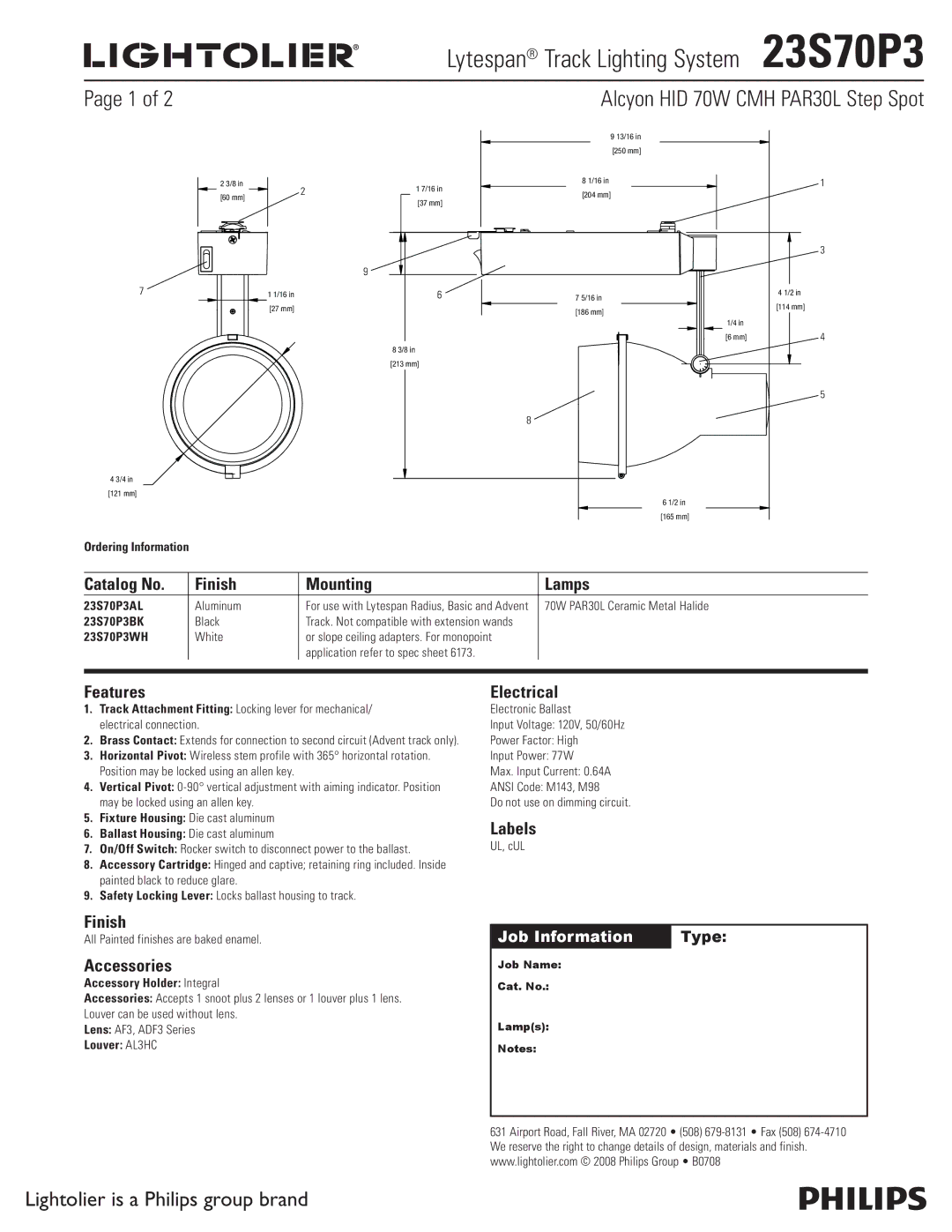 Lightolier 23S70P3 manual Catalog No Finish Mounting Lamps, Features, Accessories, Electrical, Labels 