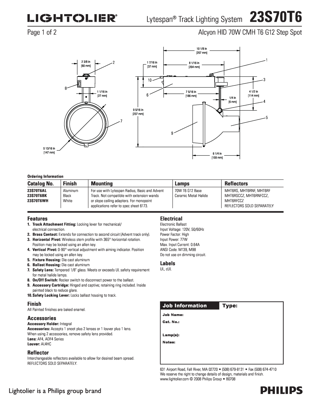 Lightolier manual Lytespan Track Lighting System23S70T6, Page 1 of, Lightolier is a Philips group brand, Catalog No 