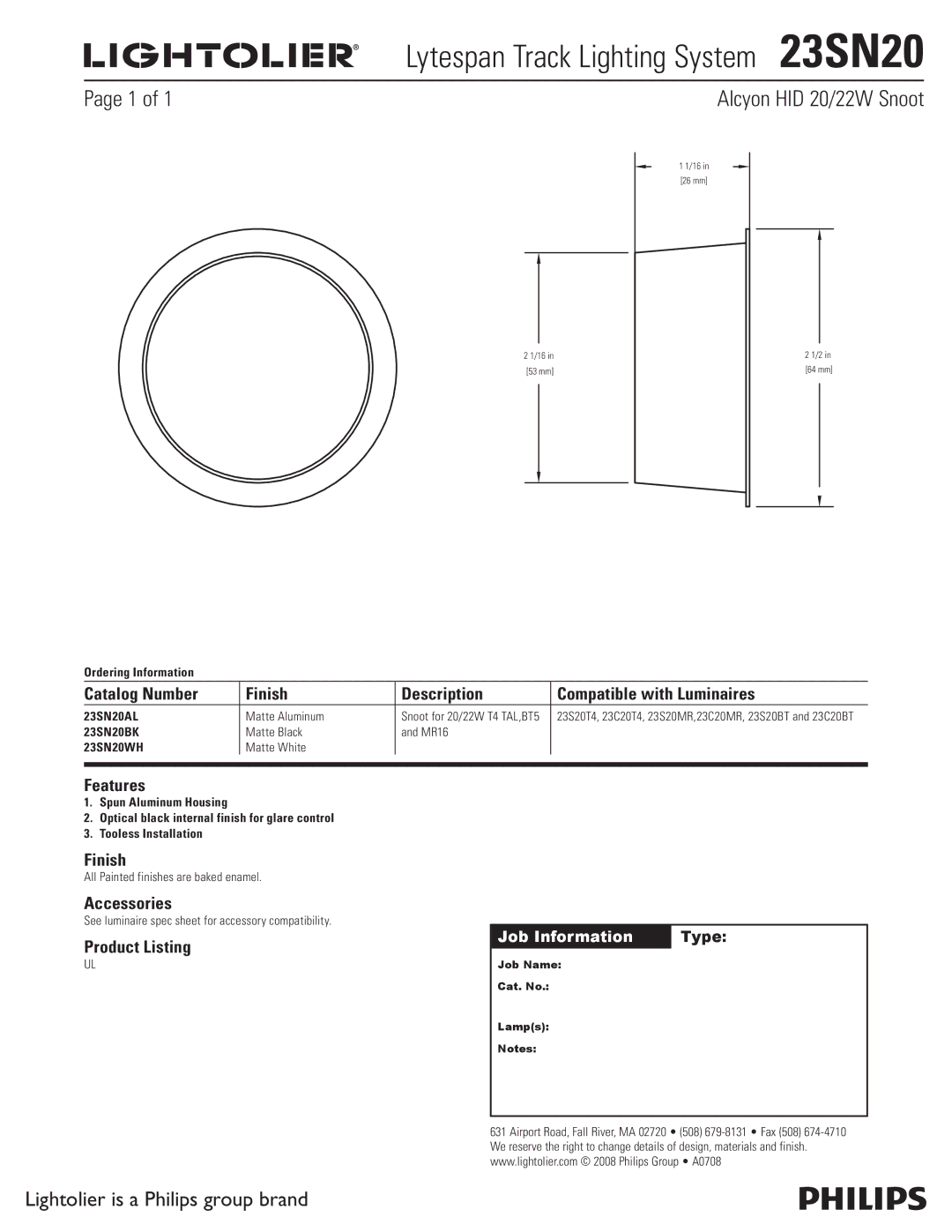 Lightolier manual Lytespan Track Lighting System 23SN20, Alcyon HID 20/22W Snoot, Features, Accessories 