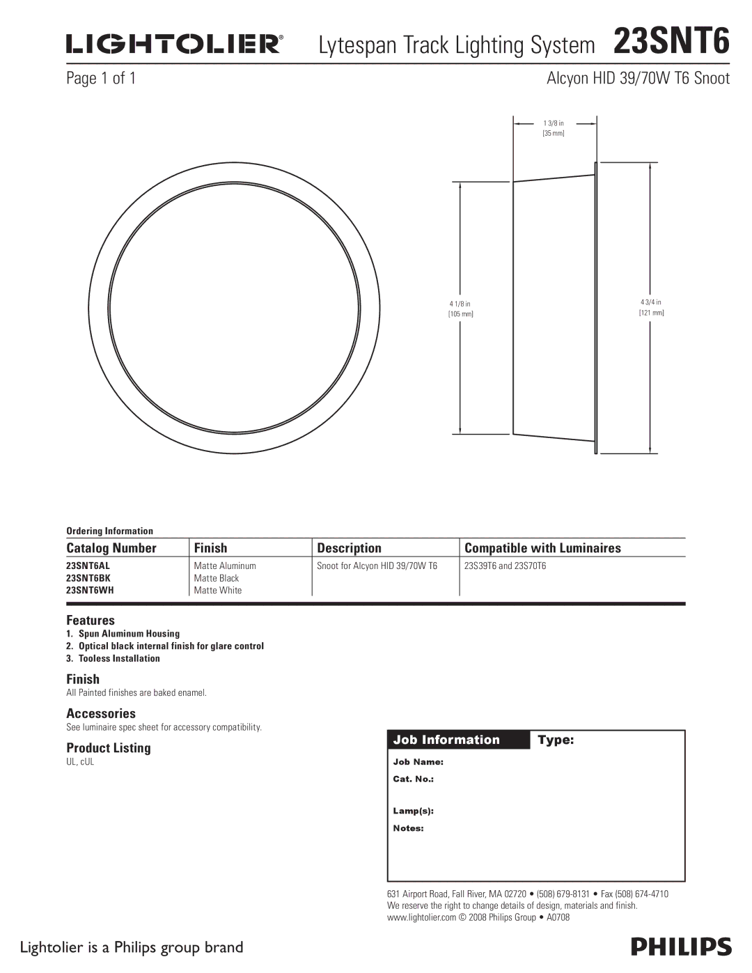 Lightolier manual Lytespan Track Lighting System 23SNT6, Alcyon HID 39/70W T6 Snoot, Features, Accessories 