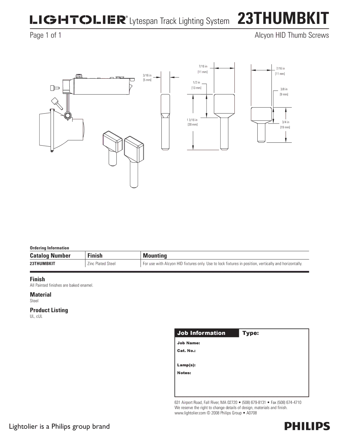 Lightolier 23THUMBKIT manual Alcyon HID Thumb Screws, Catalog Number Finish Mounting, Material, Product Listing 