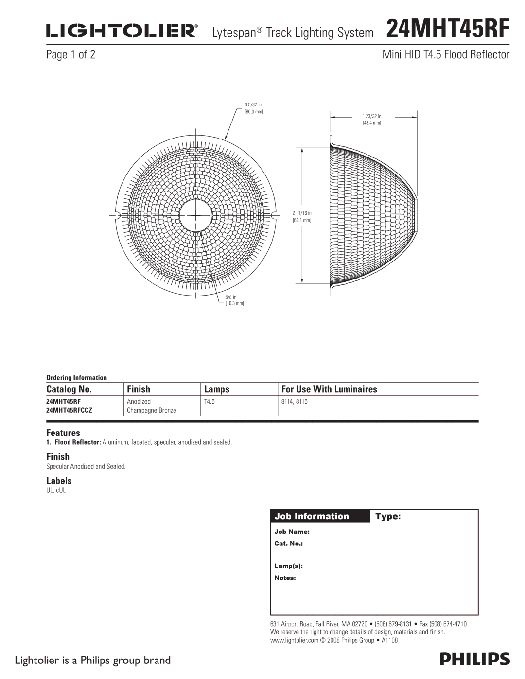 Lightolier 24MHT45RF manual Mini HID T4.5 Flood Reflector, Catalog No Finish Lamps For Use With Luminaires, Features 