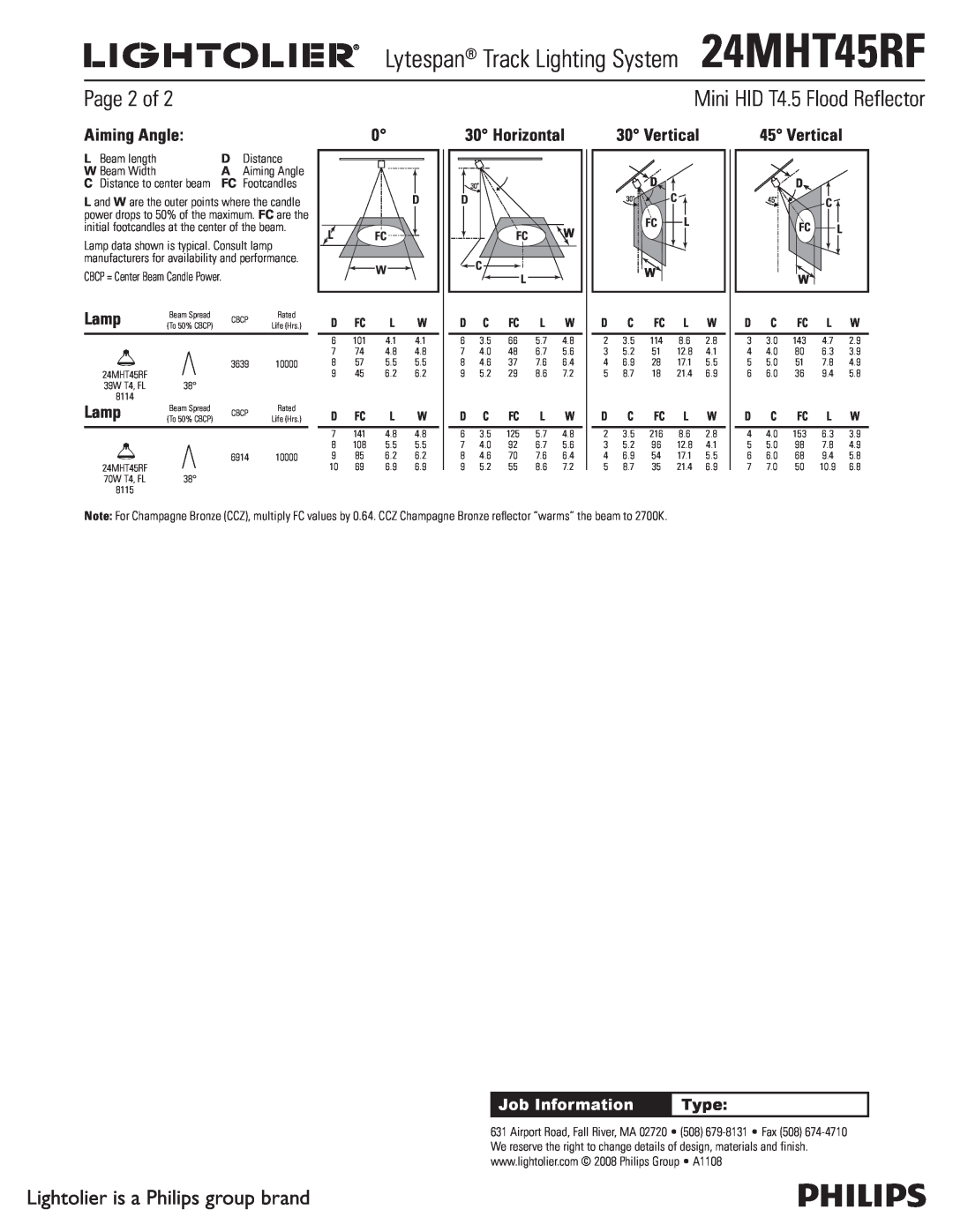 Lightolier 24MHT45RF Page 2 of, Aiming Angle, Lamp, Horizontal, Vertical, Mini HID T4.5 Flood Reflector, Job Information 