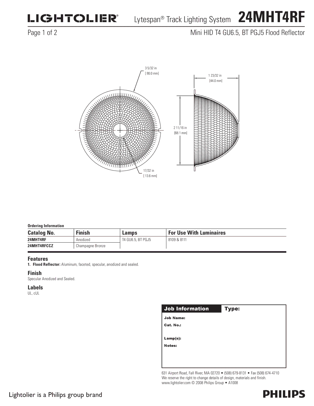 Lightolier manual Lytespan Track Lighting System 24MHT4RF, Mini HID T4 GU6.5, BT PGJ5 Flood Reflector, Features, Labels 