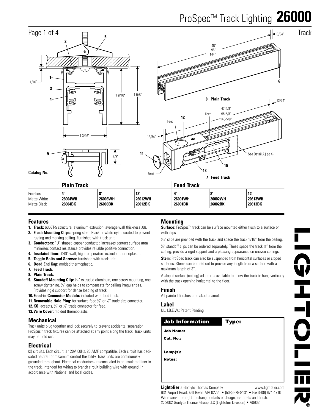 Lightolier 26000 manual Plain Track Feed Track, Features, Mounting, Finish, Label, Mechanical, Electrical 