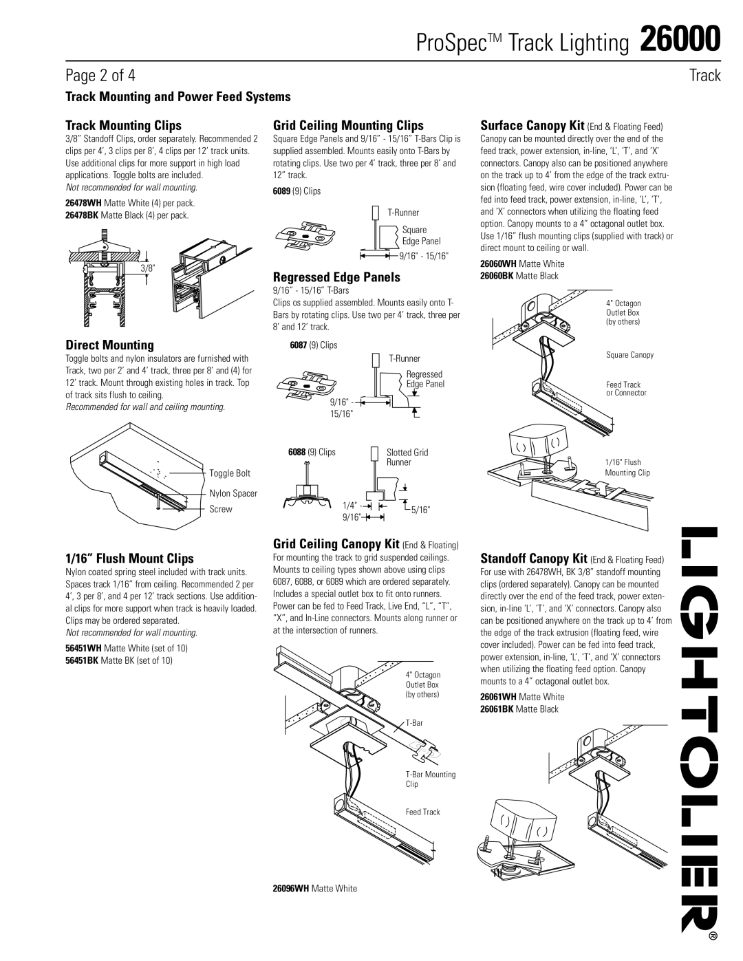 Lightolier 26000 Track Mounting and Power Feed Systems, Track Mounting Clips, Grid Ceiling Mounting Clips, Direct Mounting 