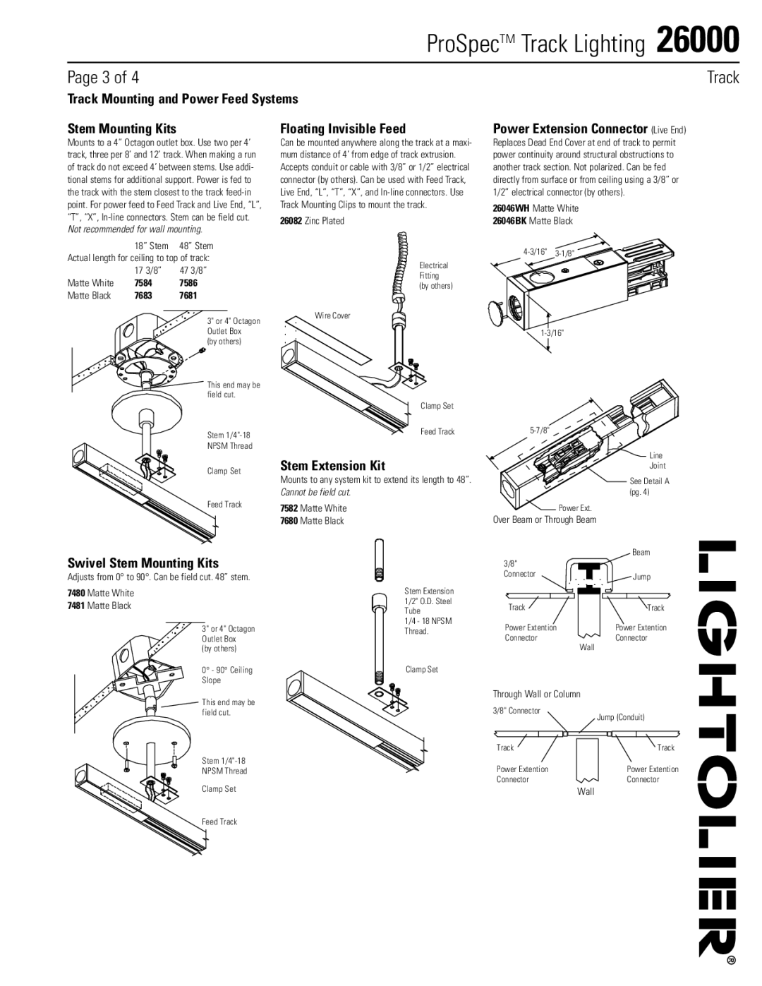 Lightolier 26000 manual Stem Mounting Kits, Floating Invisible Feed, Power Extension Connector Live End, Stem Extension Kit 